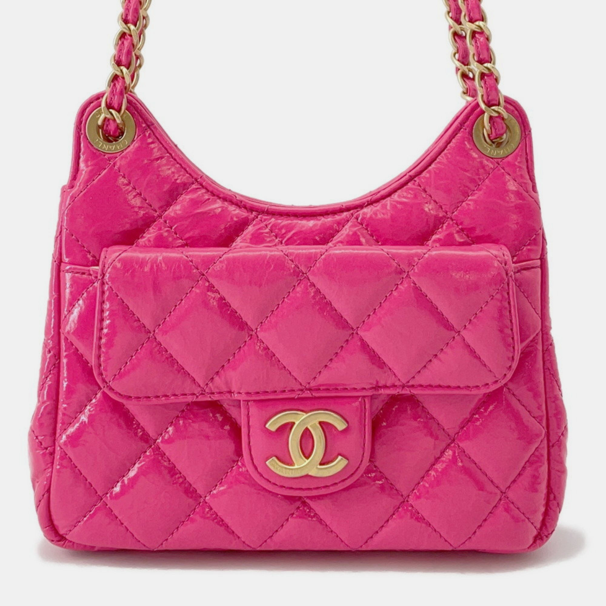 

Chanel Chain Shoulder Bag Matelasse Coco Mark Hobo Calfskin, Pink