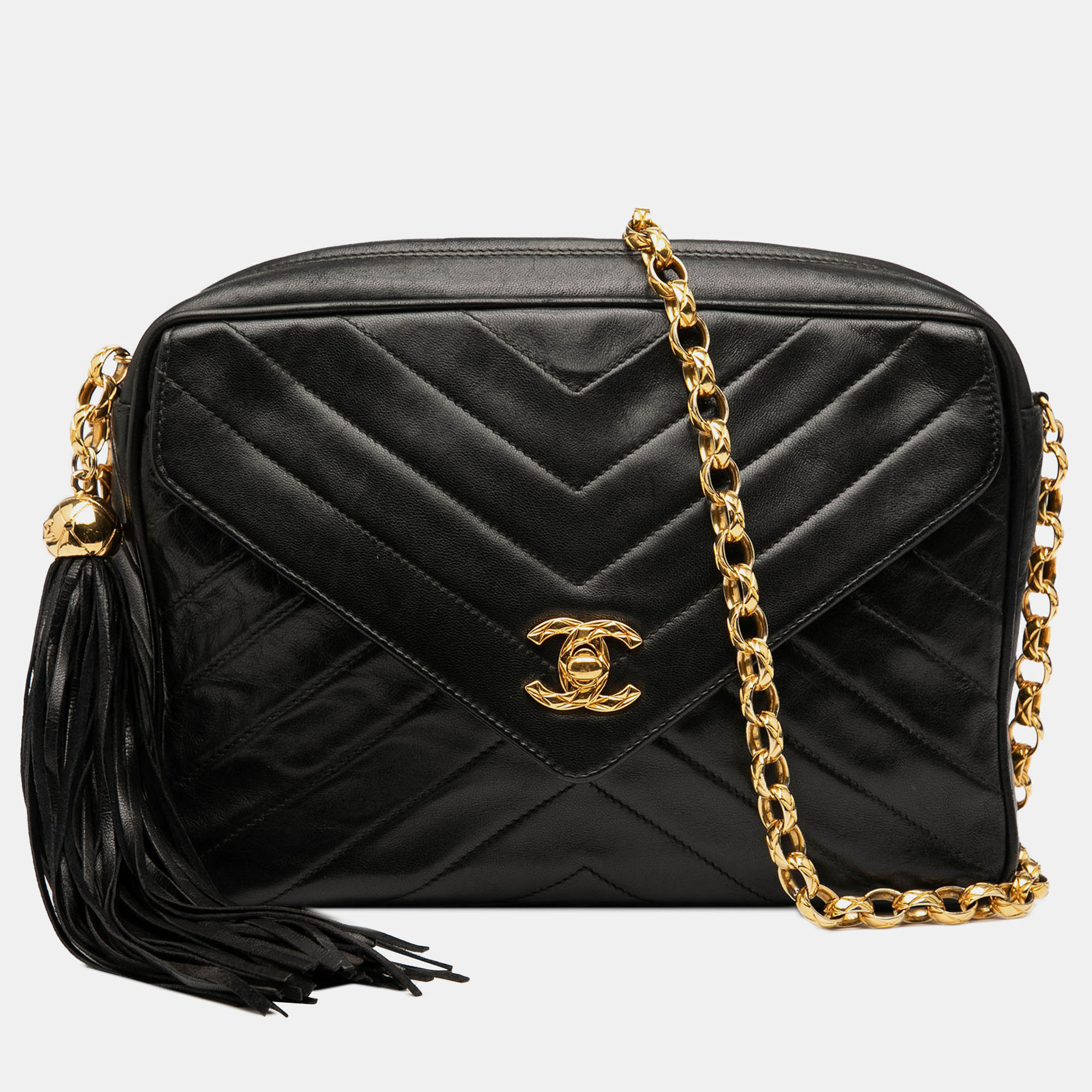 

Chanel Black CC Chevron Lambskin Tassel Chain Camera Bag