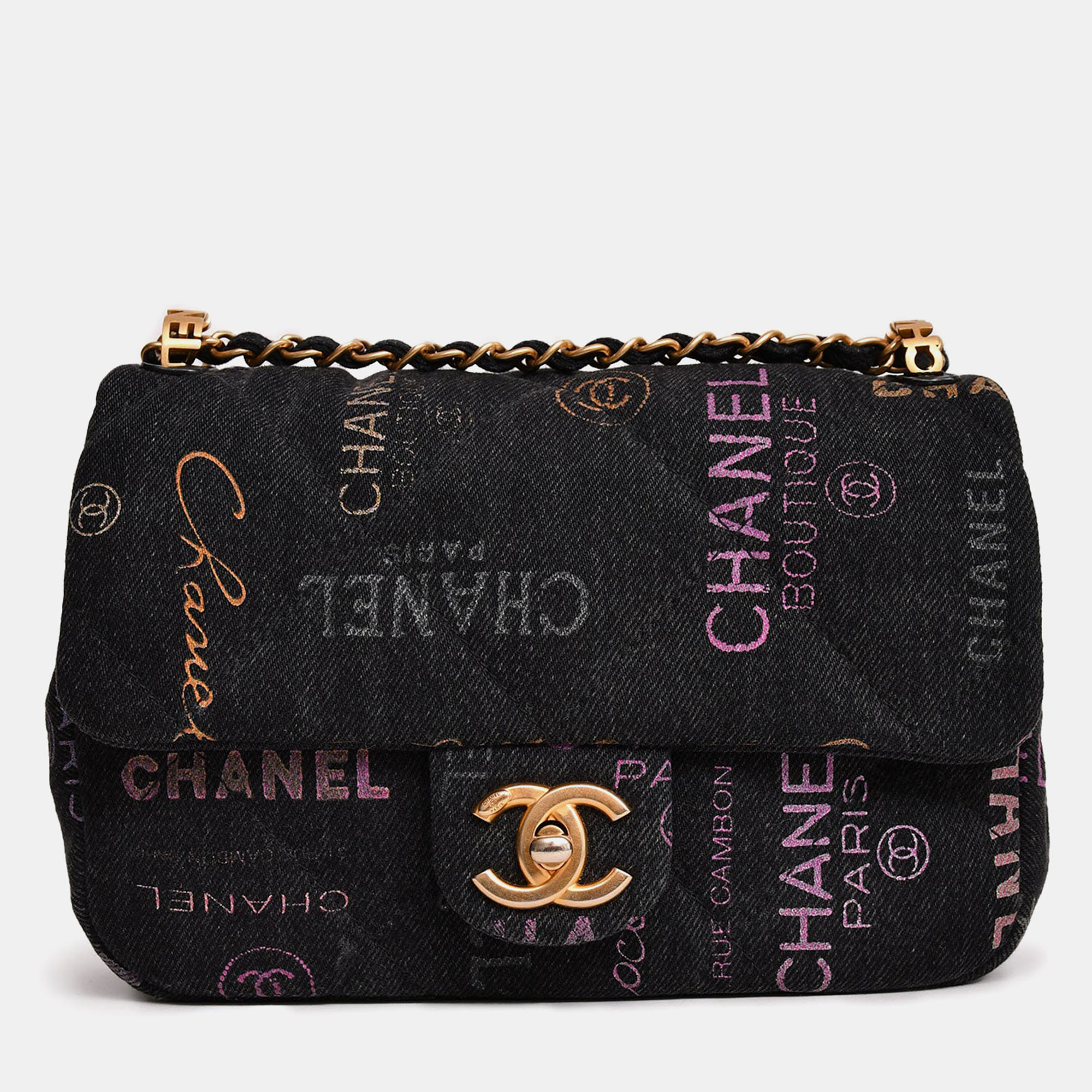 Pre-owned Chanel 2022 Black Denim Mood Monogram Mini Flap Bag