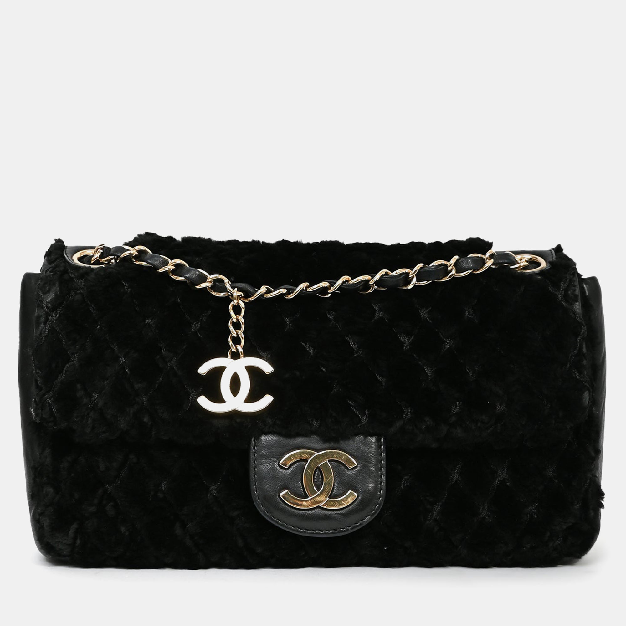 

Chanel 2008/09 Black Rabbit Fur/Calfskin Leather Flap Bag