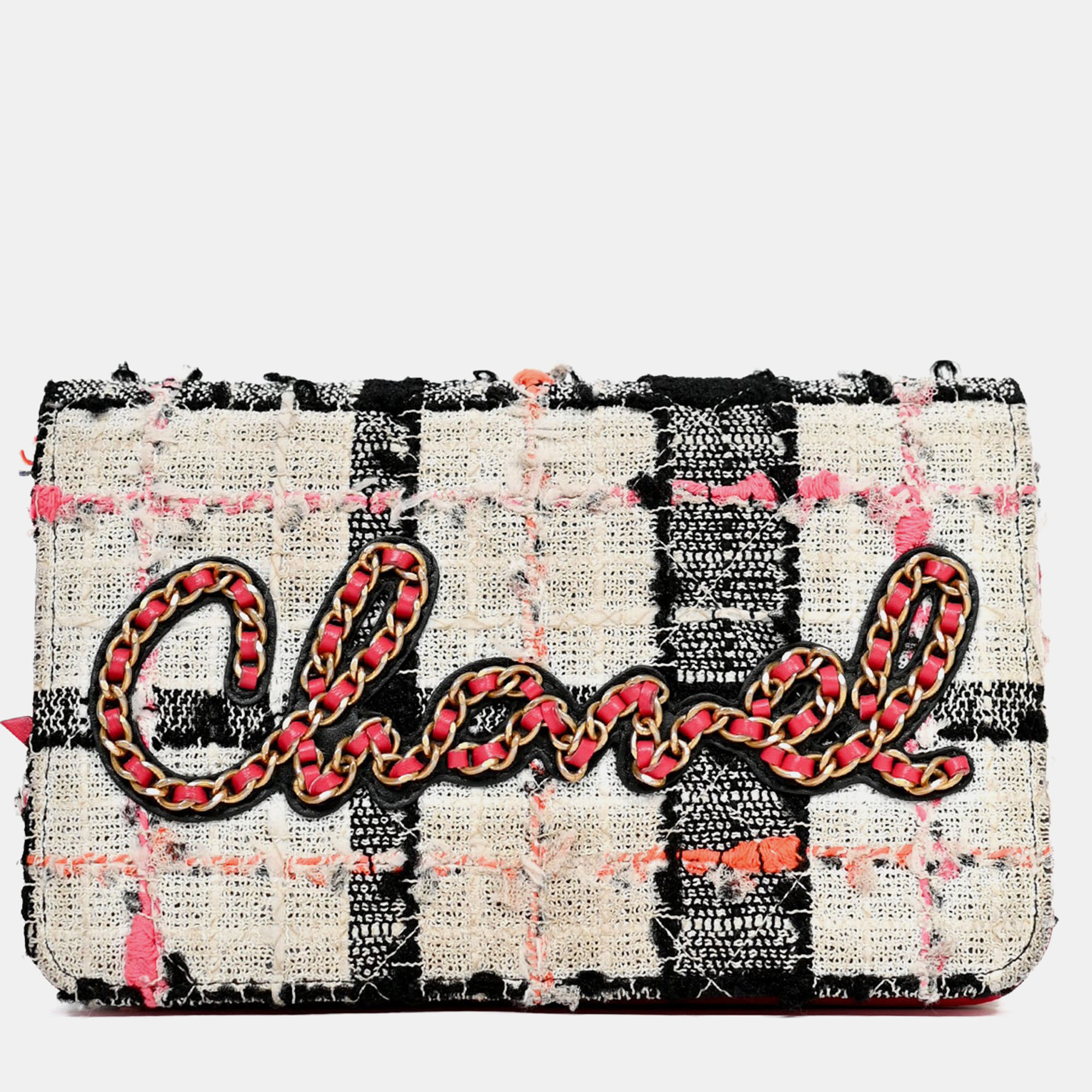 

Chanel 2019 Pink/Black/Cream Tweed Wallet On Chain, Multicolor