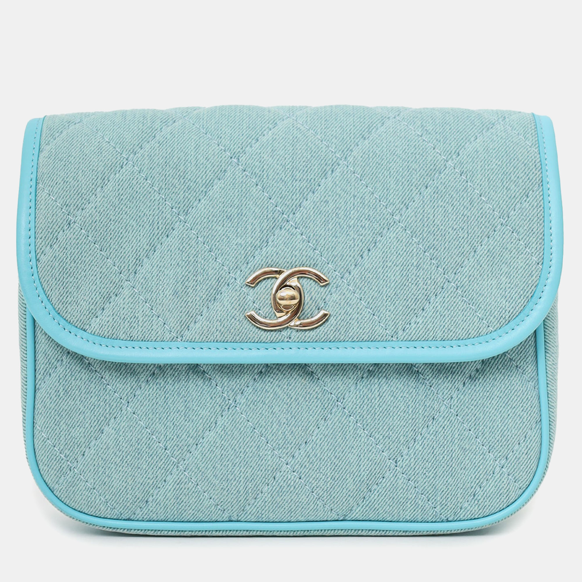 Pre-owned Chanel 2021 Blue Denim Quilted Cc Small Messenger Flap Bag