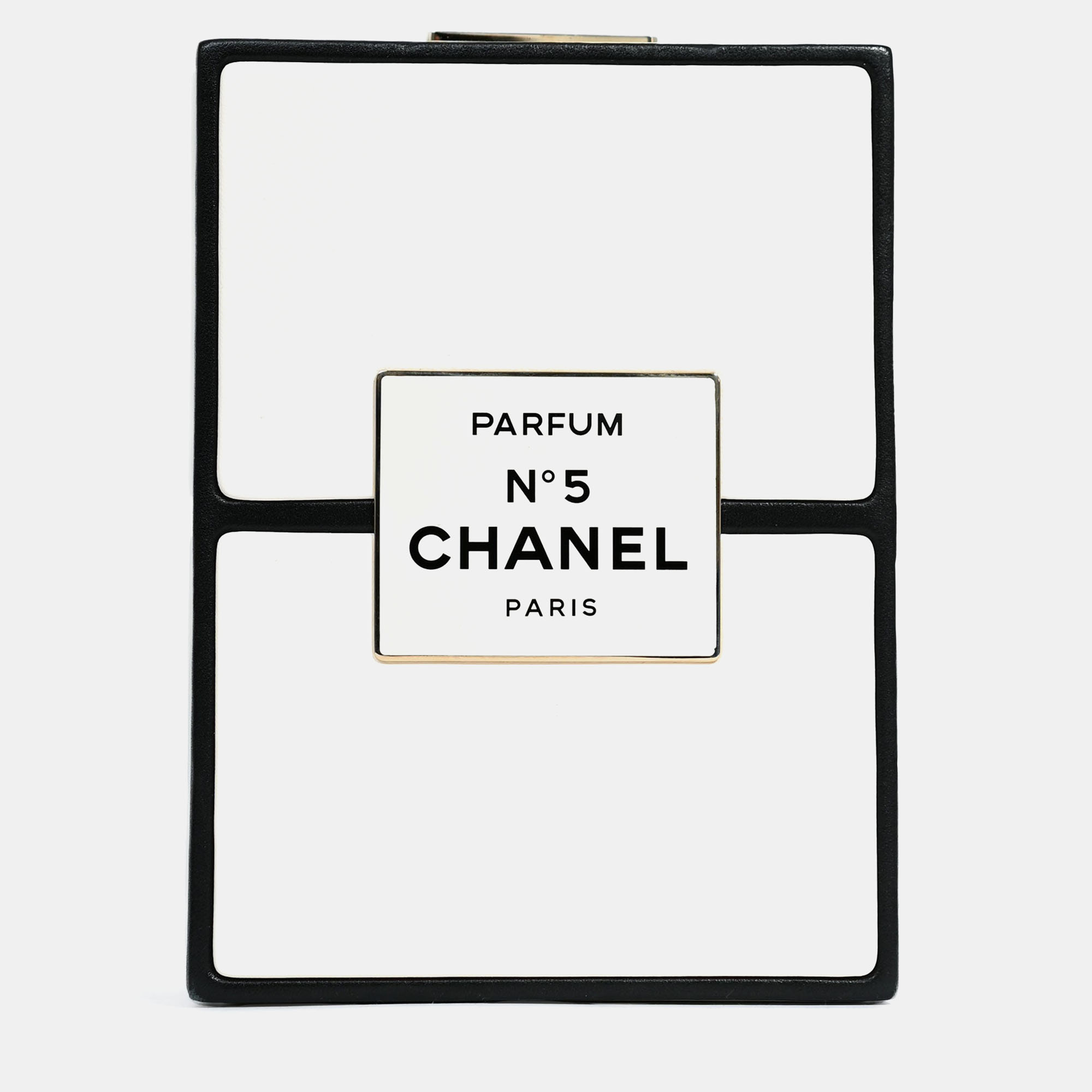 Click to view more detailed imagery on our partner's website Pre-owned Chanel Black/white Leather No. 5 Perfume Clutch Evening Clutch