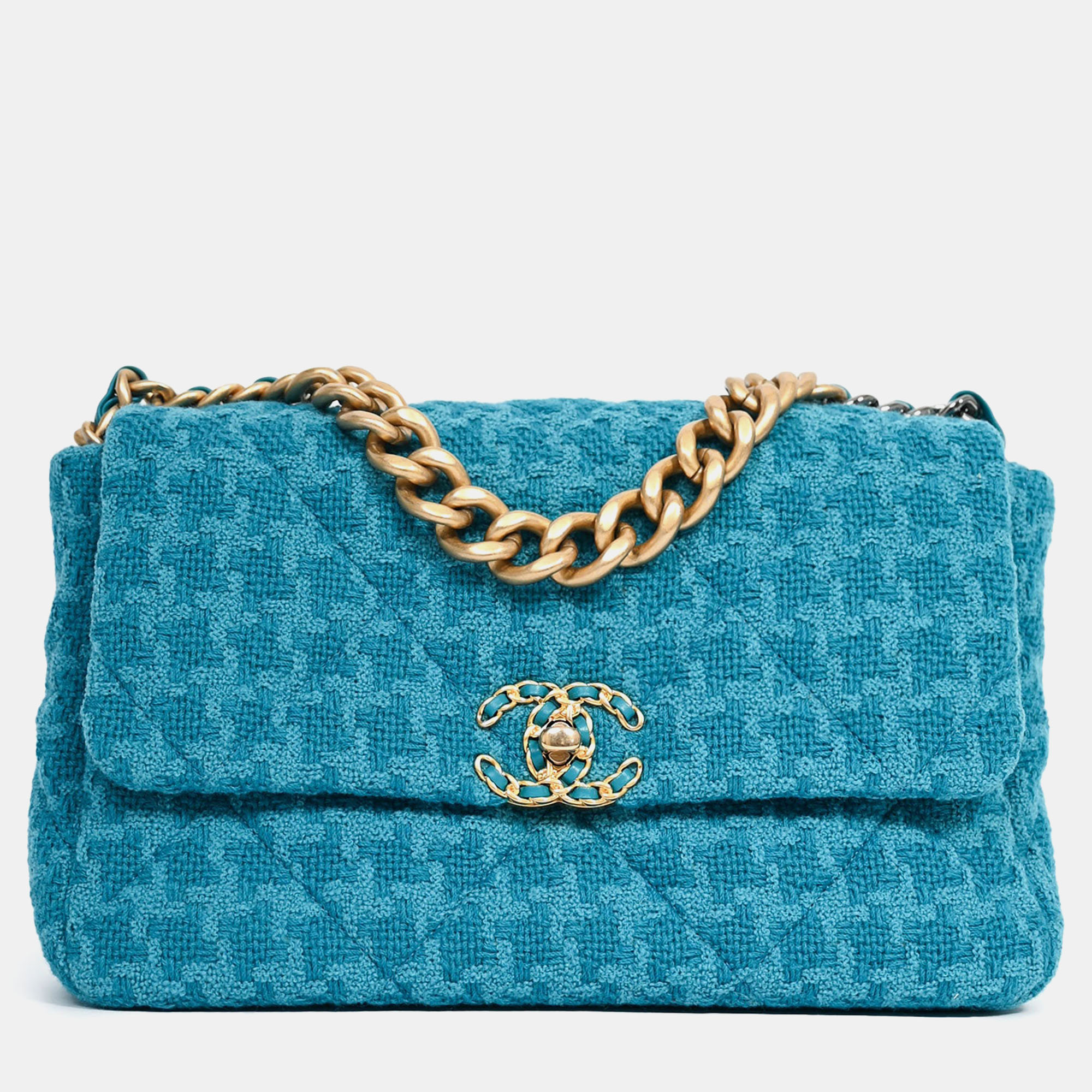 

Chanel Blue Houndstooth Tweed Large 19 Flap Shoulder Bag