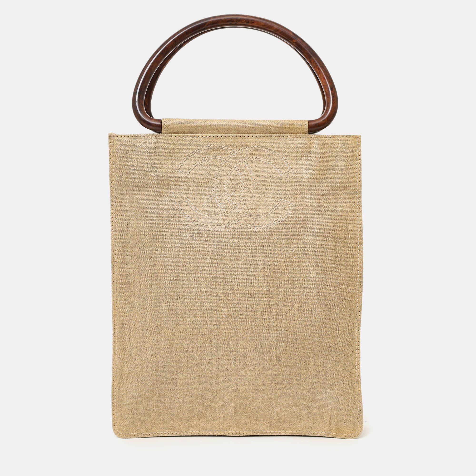 Pre-owned Chanel 2000-02 Beige Cc Stitched Woven Linen Wood Handle Tote Bag In Sand