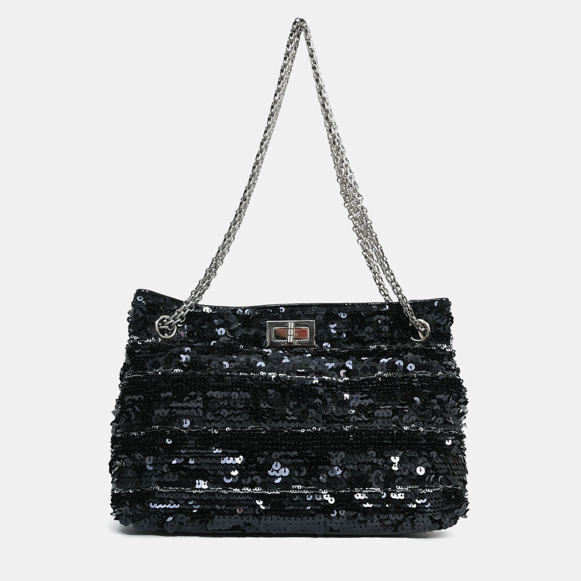 

Chanel 2011 Black Striped Sequins and Patent Leather Small Reissue Shoulder Bag