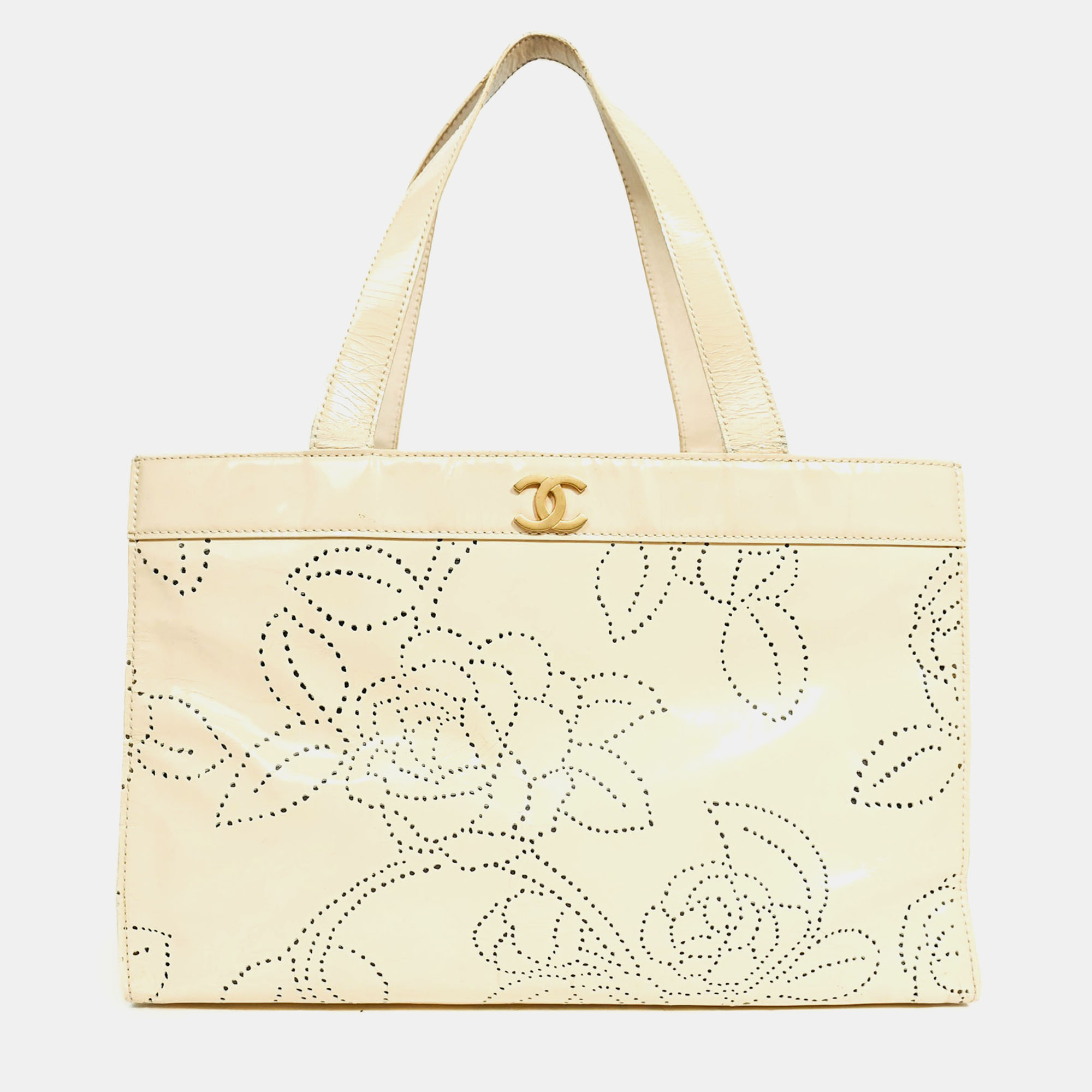 Pre-owned Chanel Cream Camellia Patent Perforated Tote In White