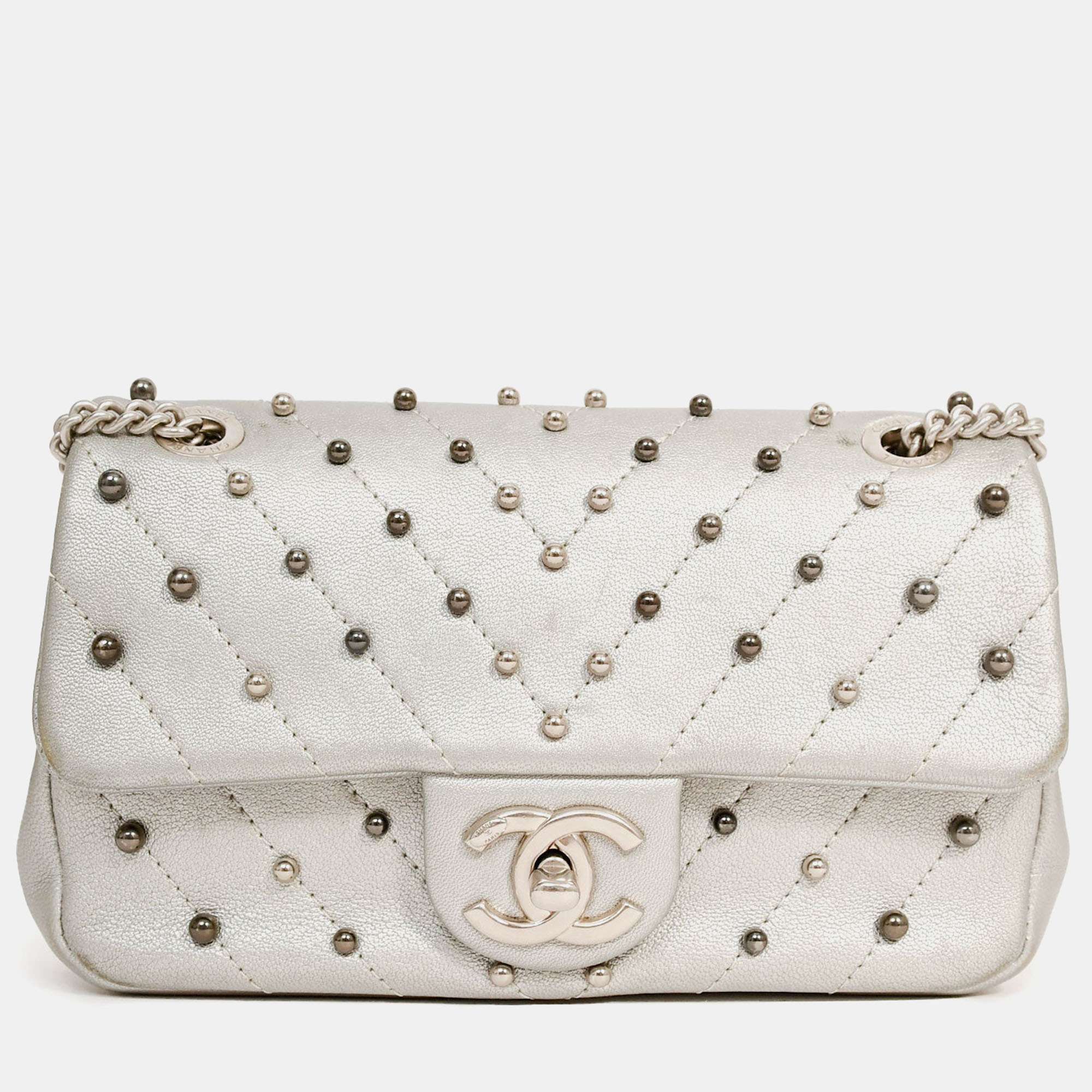 

Chanel 2017 Silver Chevron 'Stud Wars Mini Rectangular Flap' Shoulder Bag
