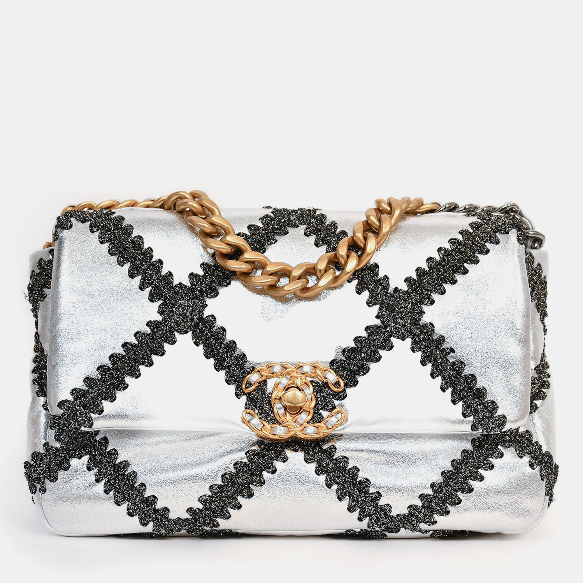 

Chanel Limited Edition Silver/Gunmetal Crochet Small 19 Duo-Toned Chain Shoulder Bag