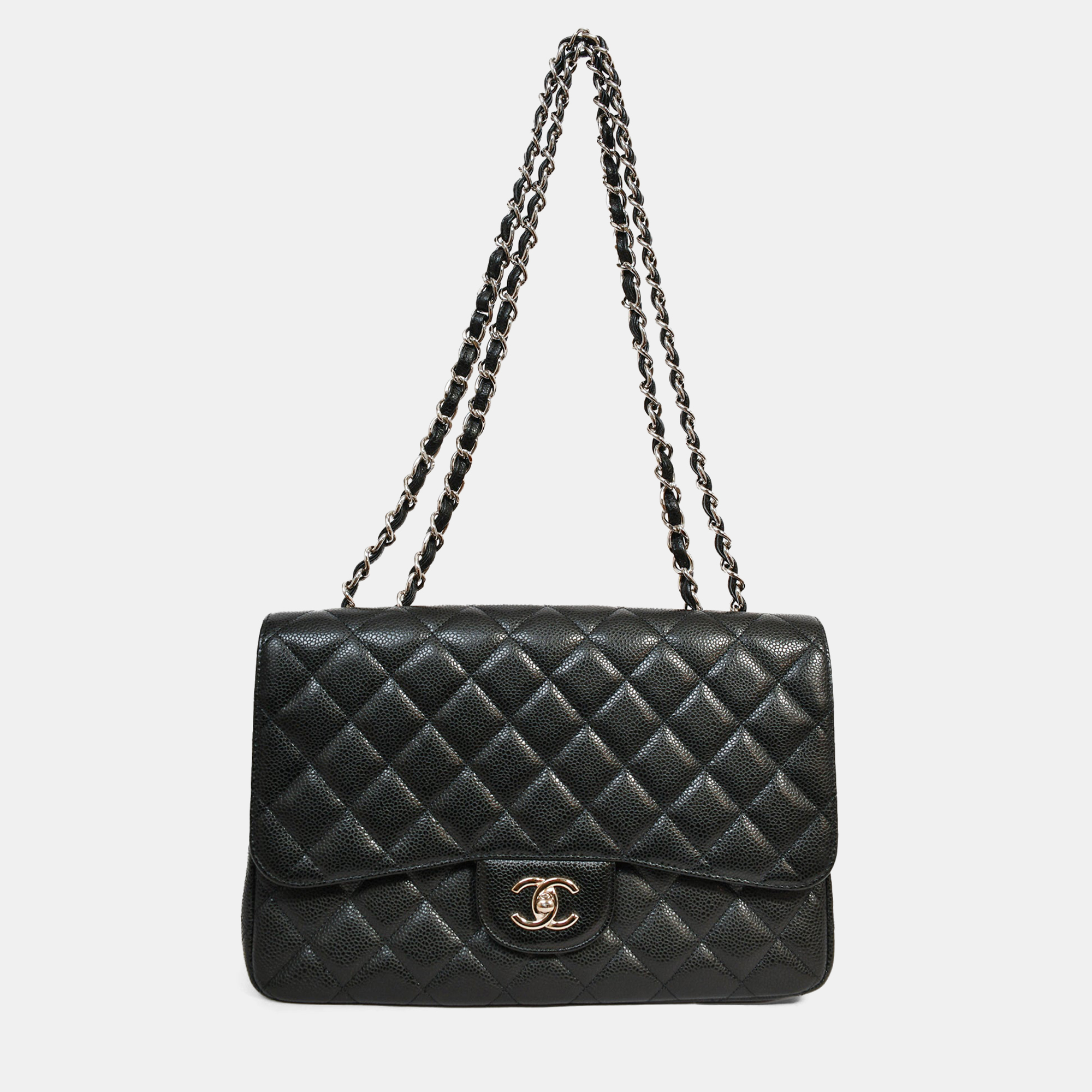 

Chanel 2009/10 Black Caviar Leather Jumbo Single Flap Shoulder Bag SHW