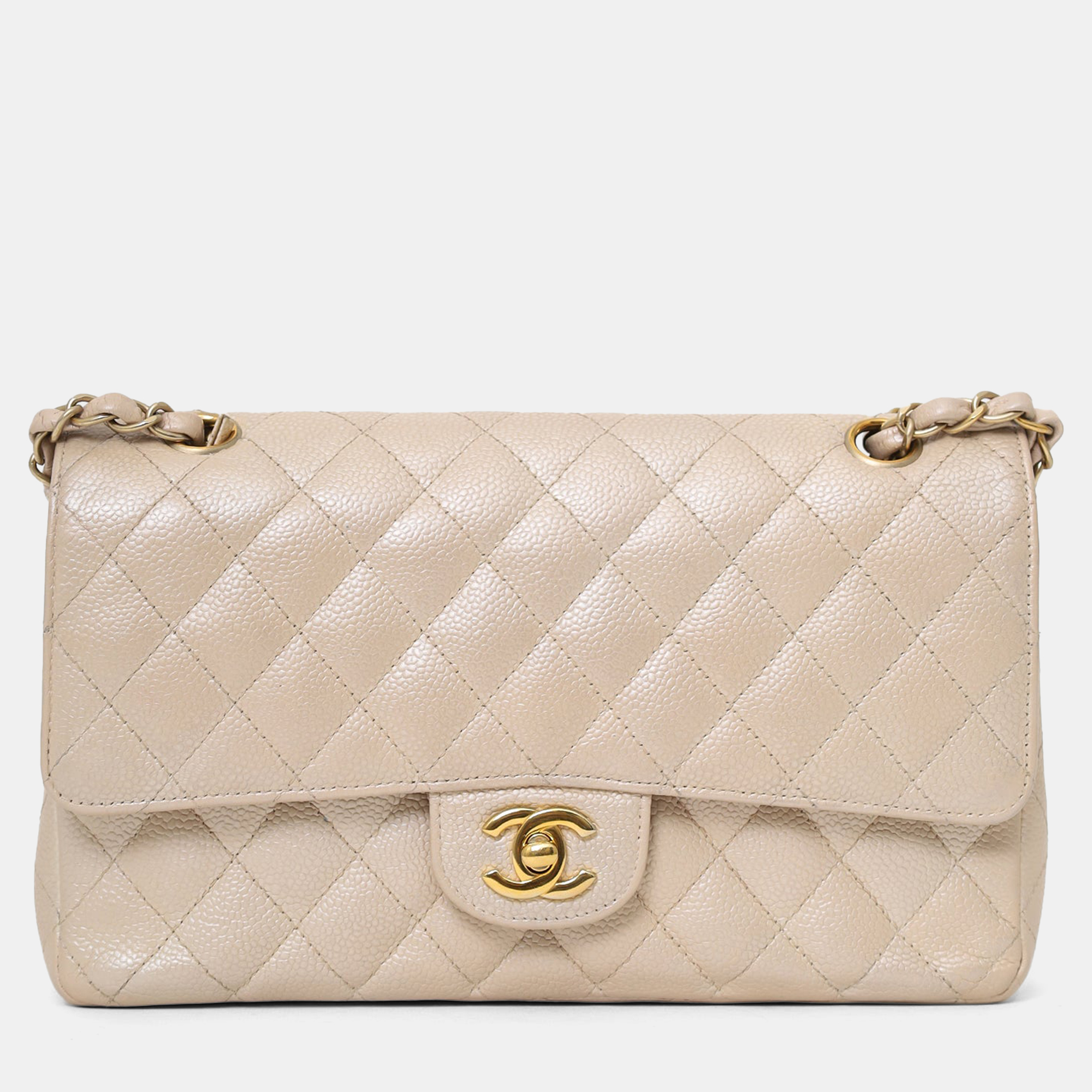 

Chanel 2012 Pearly Beige Caviar Leather Medium Classic Double Flap Bag