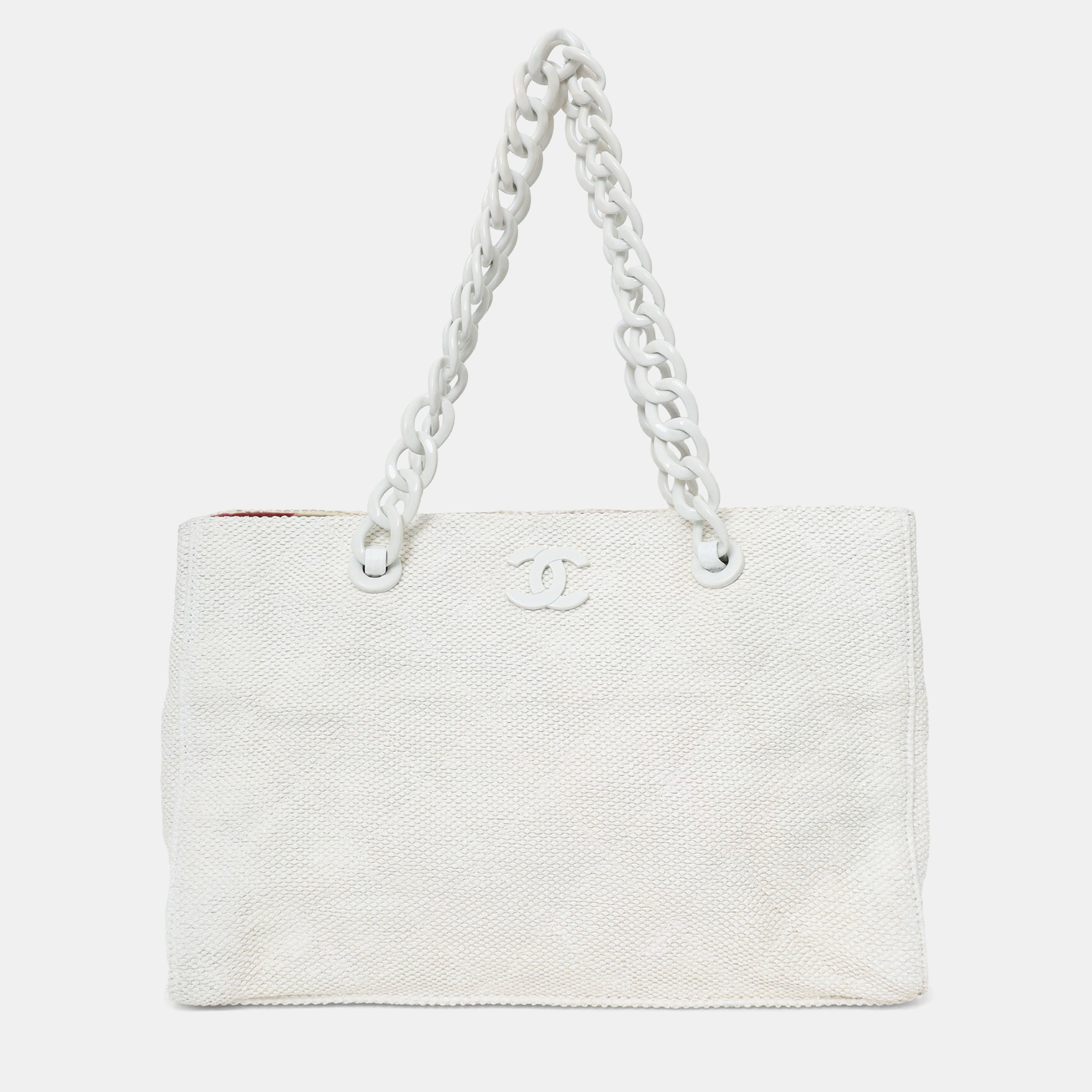 Pre-owned Chanel 2000-02 White Raffia Chain Beach Tote With Pouches