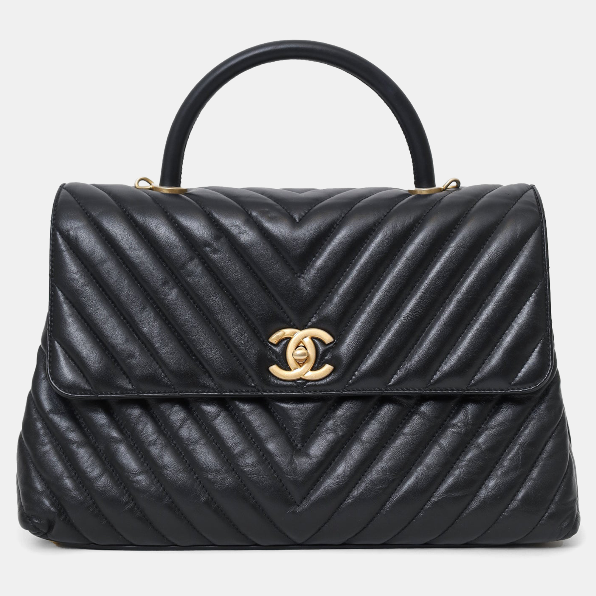 Pre-owned Chanel Black Leather Chevron Coco Top Handle With Strap