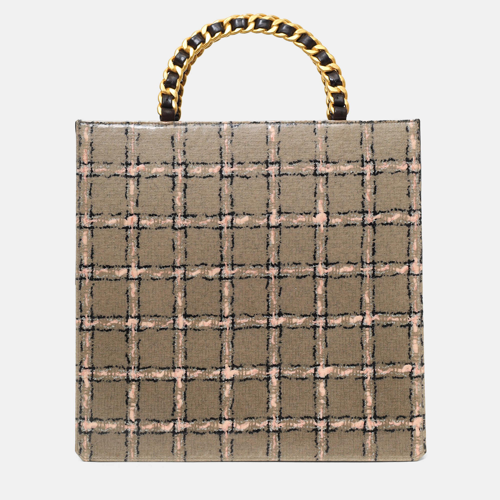 

Chanel Grey/Pink Plaid Chain Top Handle Bag
