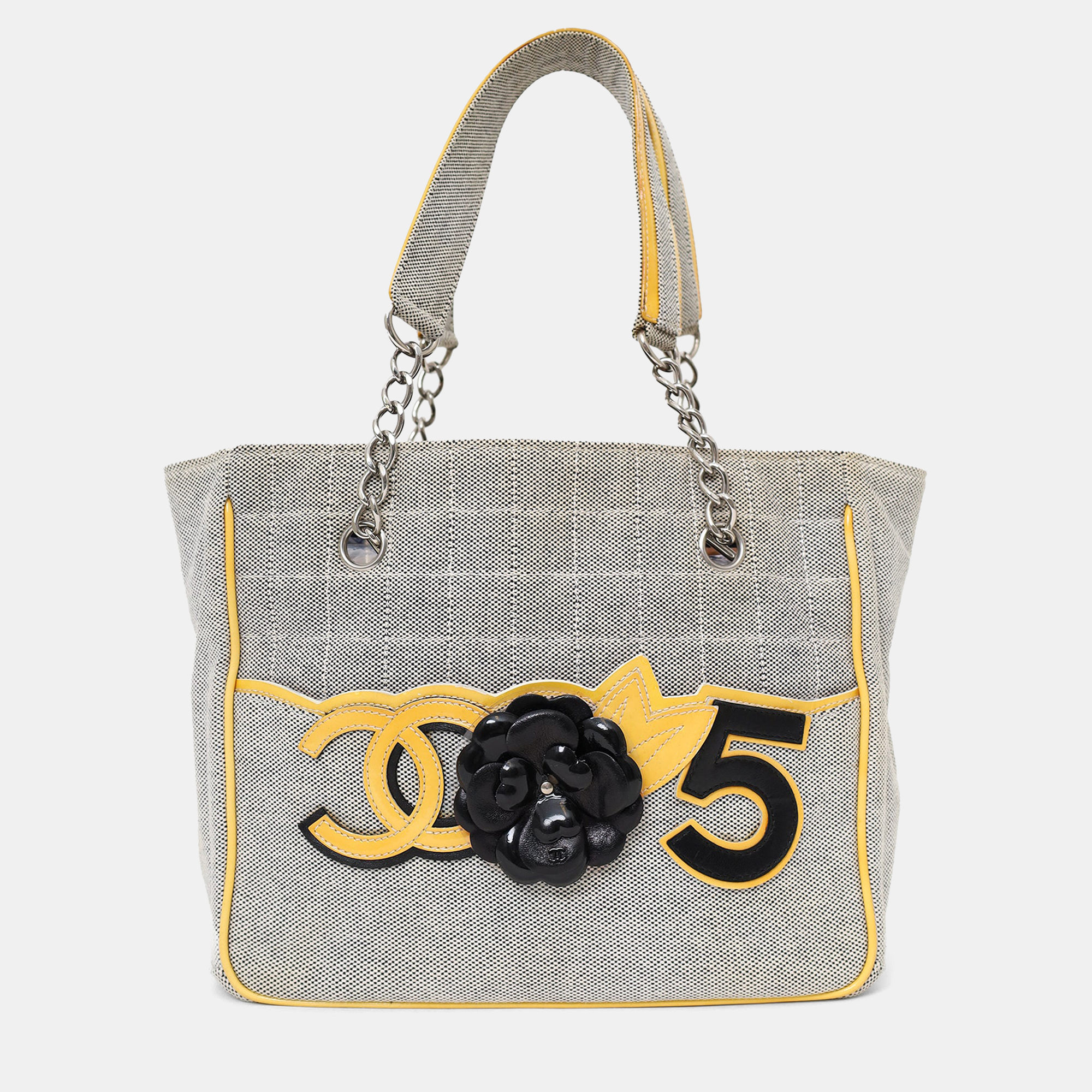 Pre-owned Chanel 2005-06 Yellow/grey Cc Camellia No. 5 Choco Bar Canvas Tote In Gray