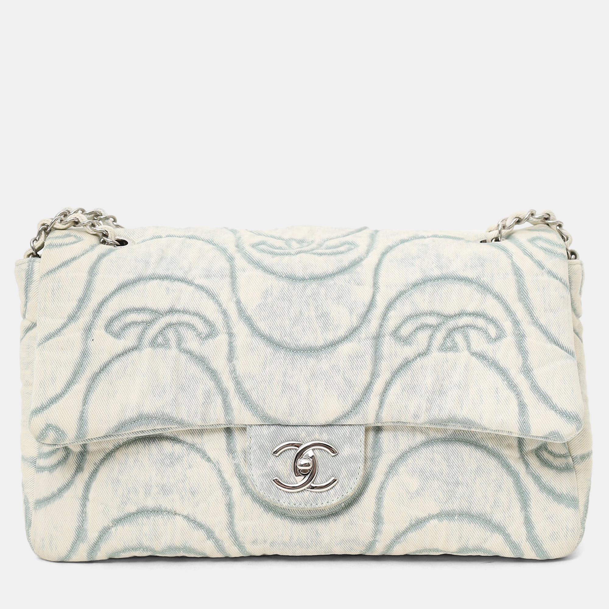 Pre-owned Chanel 2021 Blue Denim Wave Jumbo Flap Bag