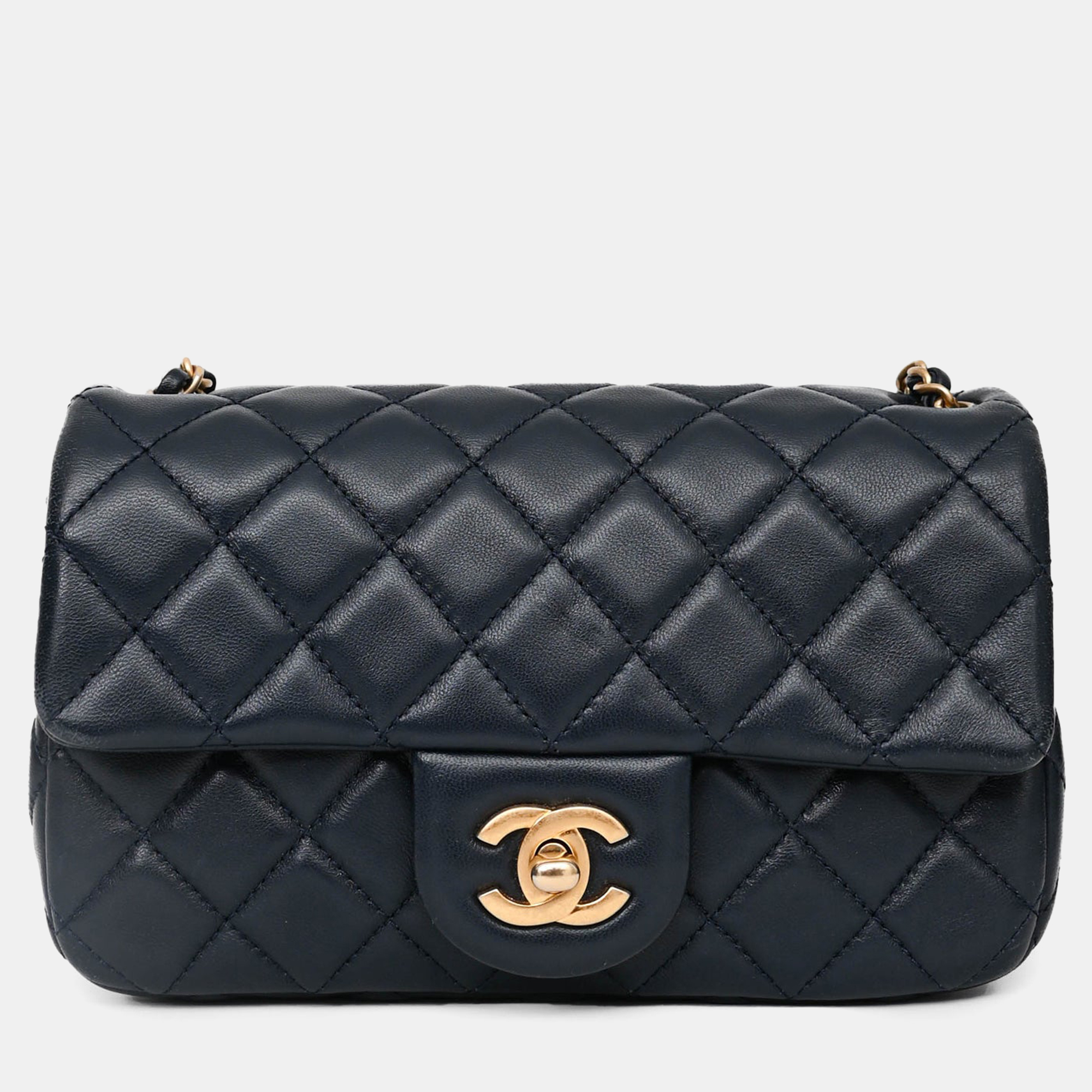 

Chanel 2019-20 Navy Lambskin Leather Mini Rectangular Pearl Crush Flap Bag, Navy blue