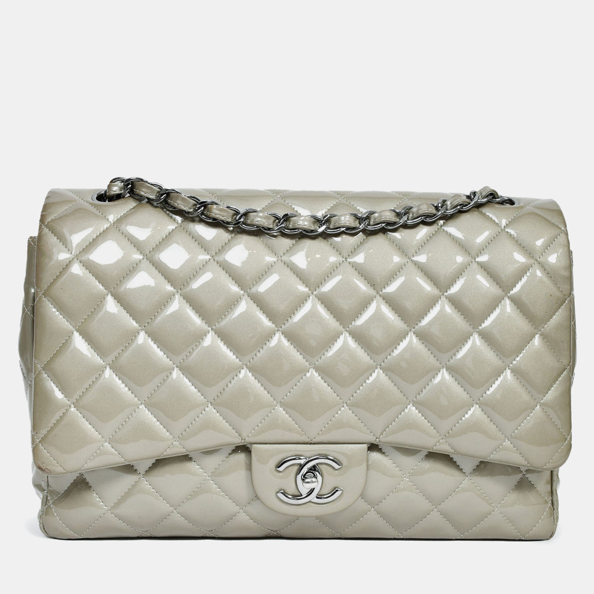 Pre-owned Chanel 2012/13 Grey Patent Quilted Maxi Double Flap Shoulder Bag In Gray