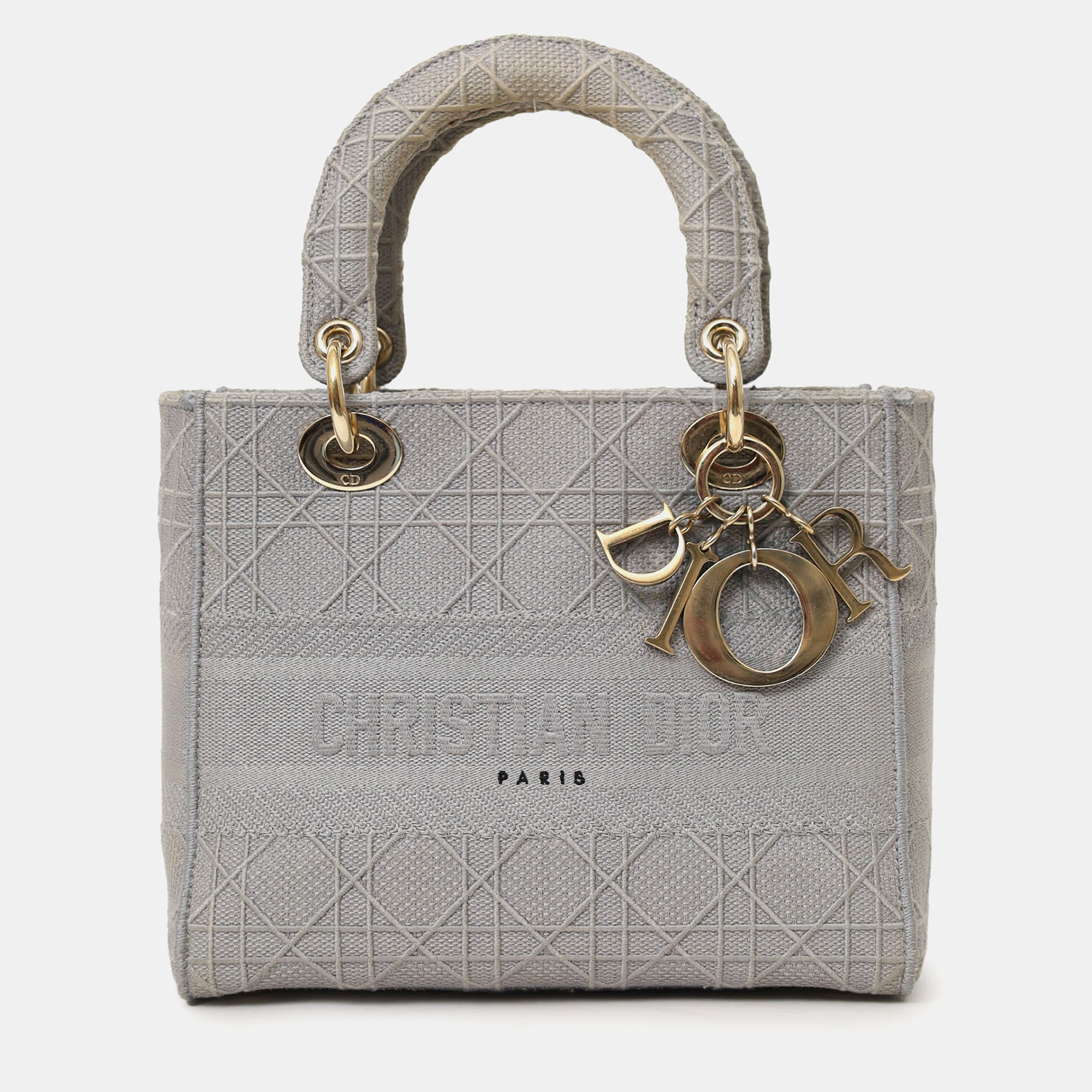Pre-owned Chanel Christian Dior 2020 Grey Cannage Embroidered Canvas Medium Lady D-lite With Strap In Gray