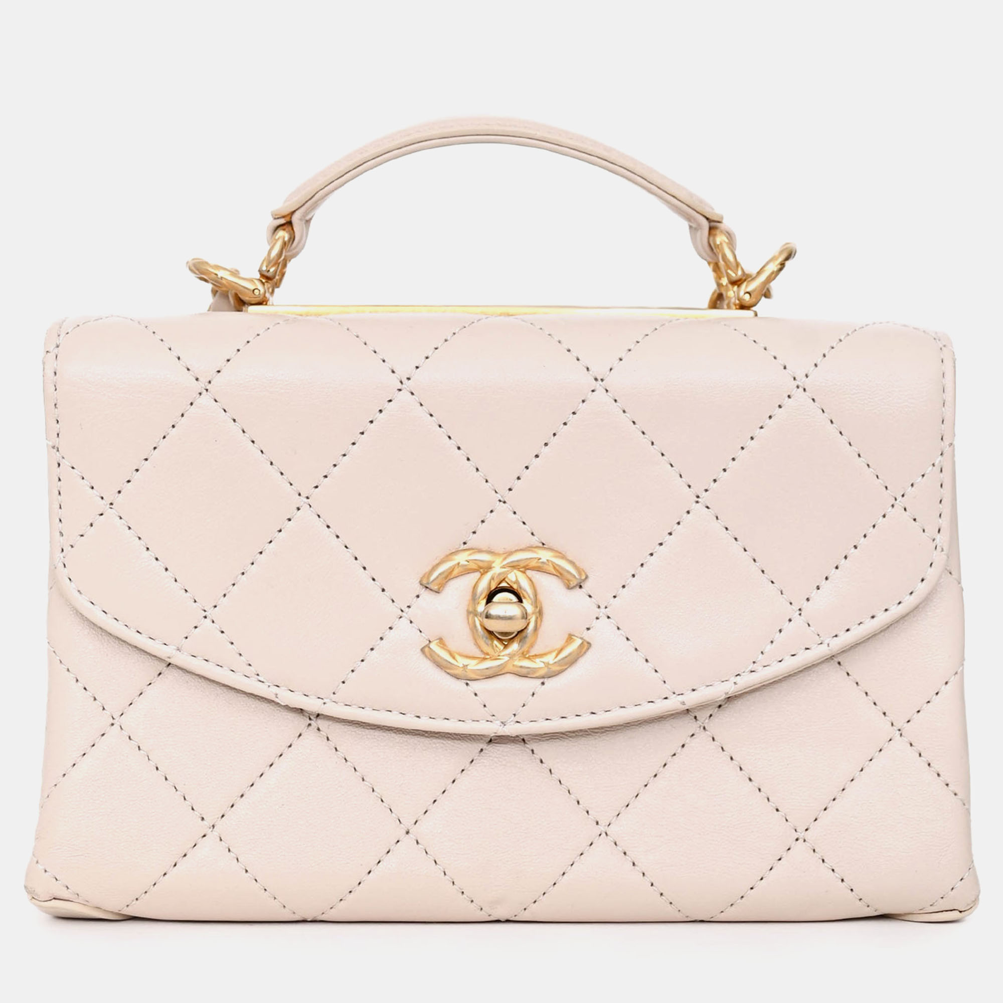 

Chanel 2020 Beige Lambskin Mini Top Handle Bag with Quilted Gold Hardware
