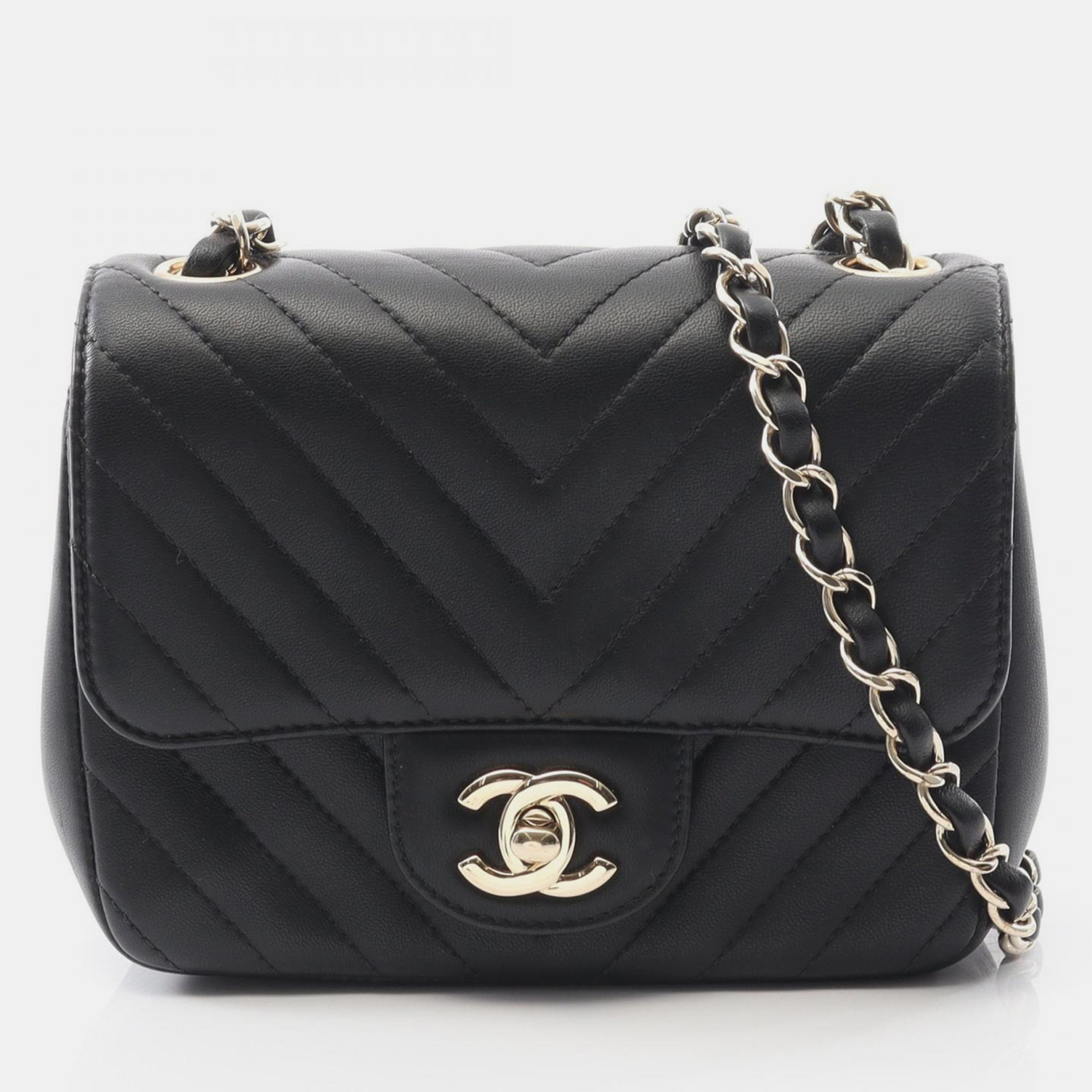 

Chanel Classic Single Flap Mini Black Chevron Leather Shoulder Bag