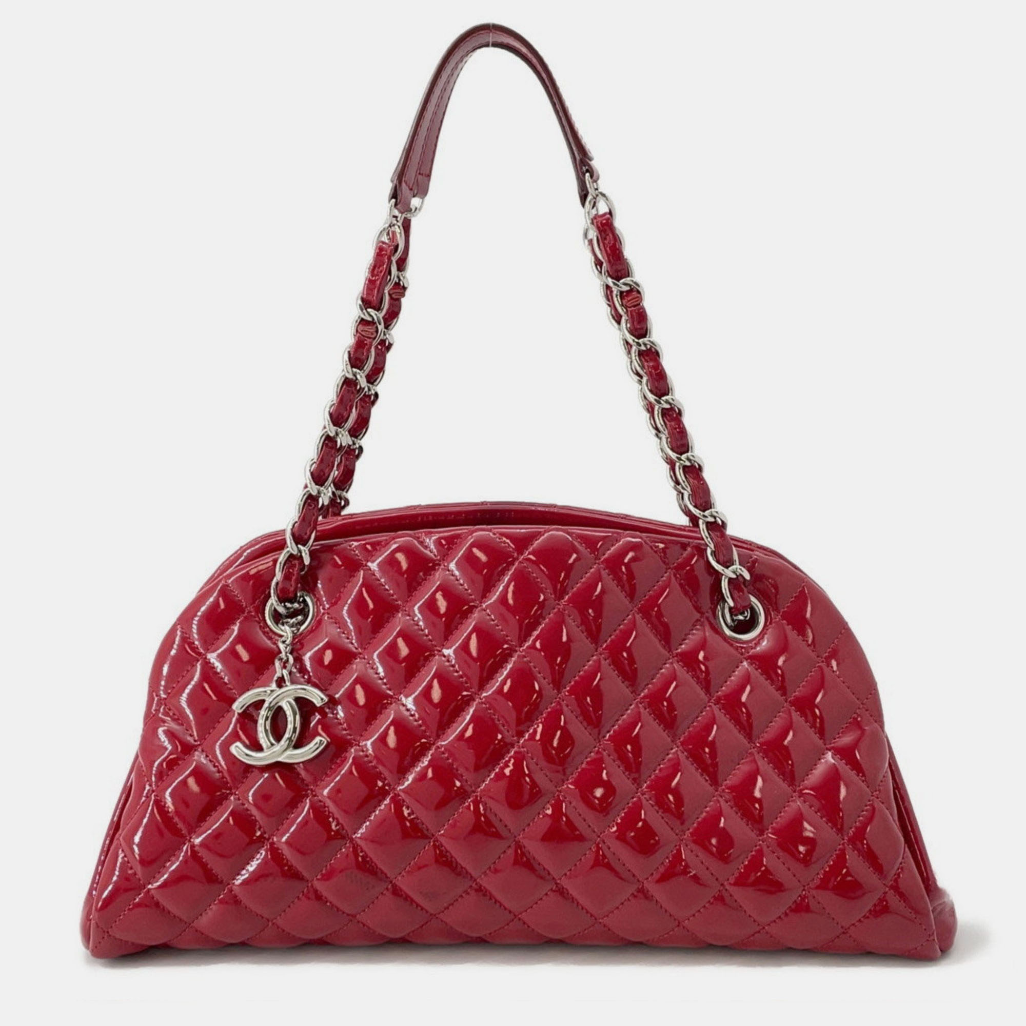

Chanel Mademoiselle Bowling Bag Patent Leather With Coco Mark Chain Shoulder, Red