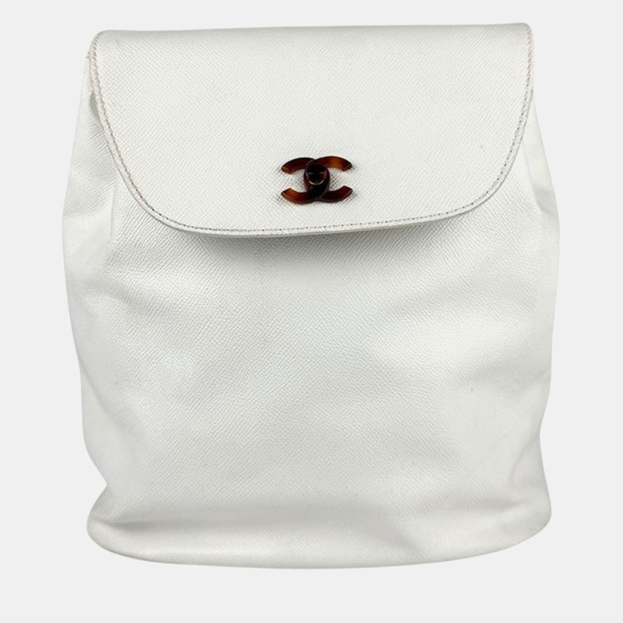 Pre-owned Chanel Backpack In Caviar Skin Leather White