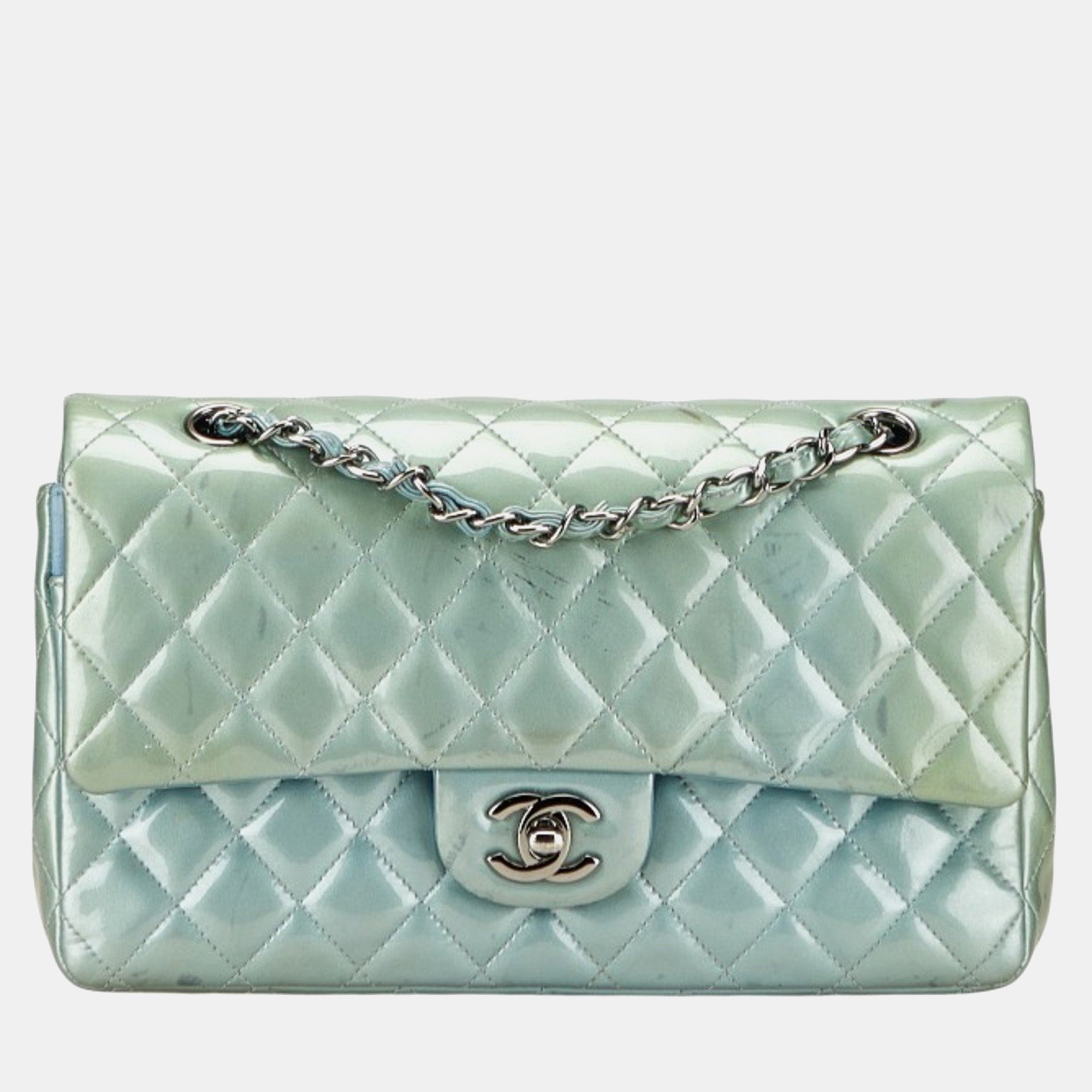

Chanel Coco Mark Matelasse 25 Double Flap Chain Shoulder Bag In Metallic Green Patent Leather