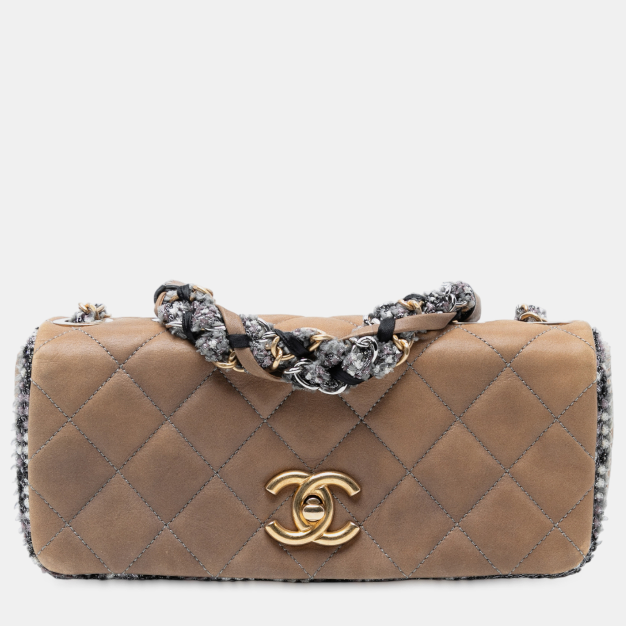 

Chanel Brown Small Quilted Lambskin and Tweed Chain Flap