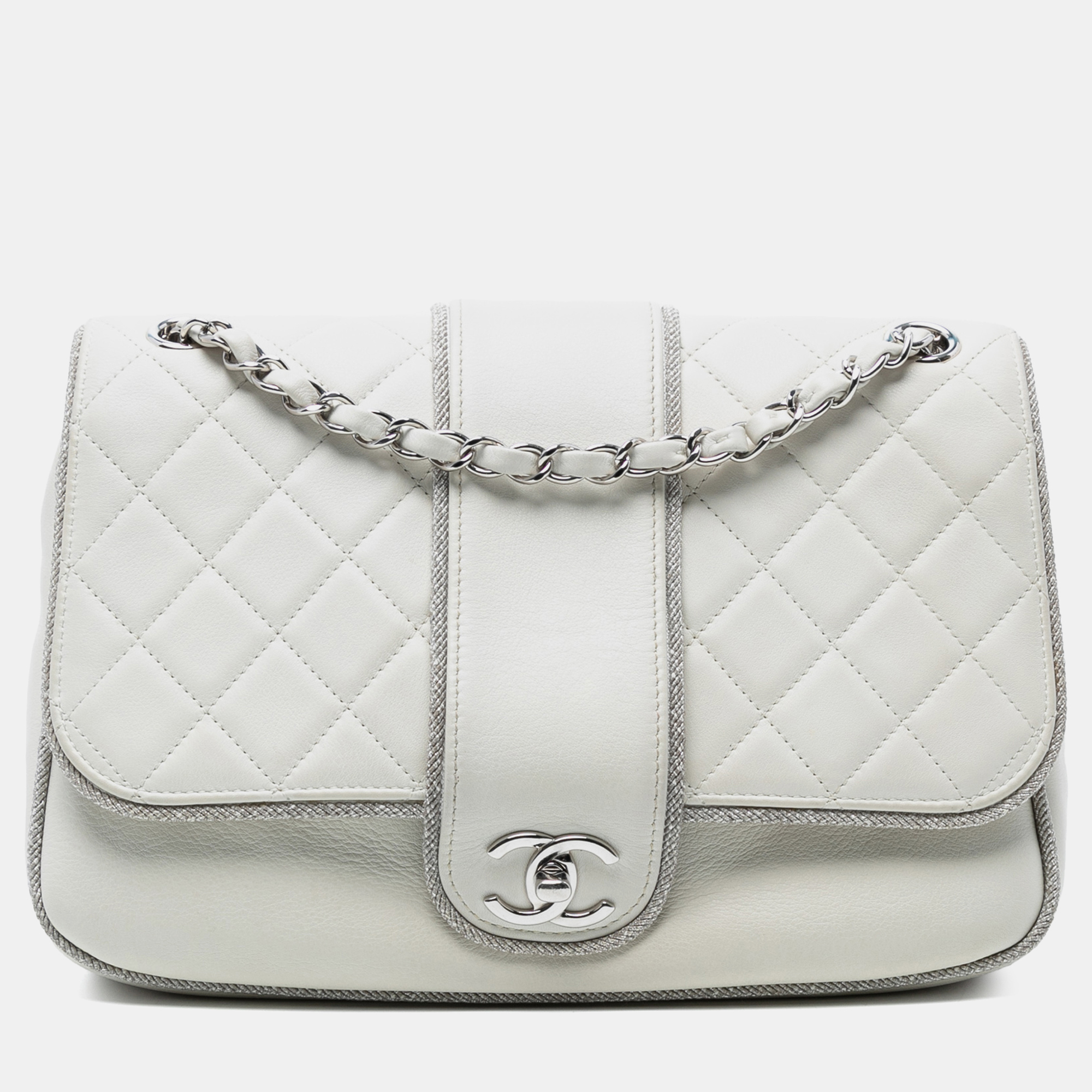 

Chanel White Quilted Lambskin and Metallic Trim Elementary Chic Flap