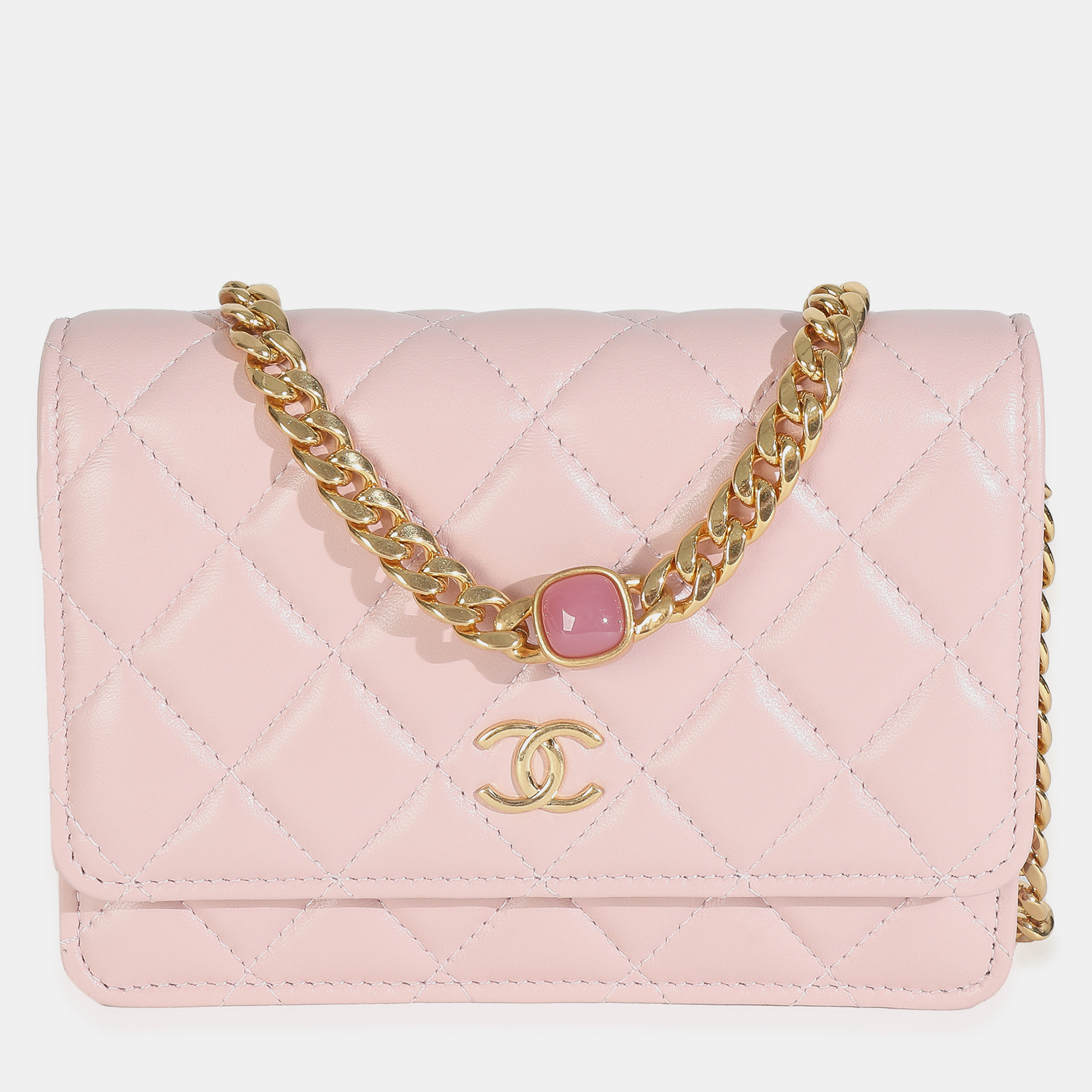 

Chanel Pink Quilted Lambskin CC Pearl Enamel Clutch On Chain