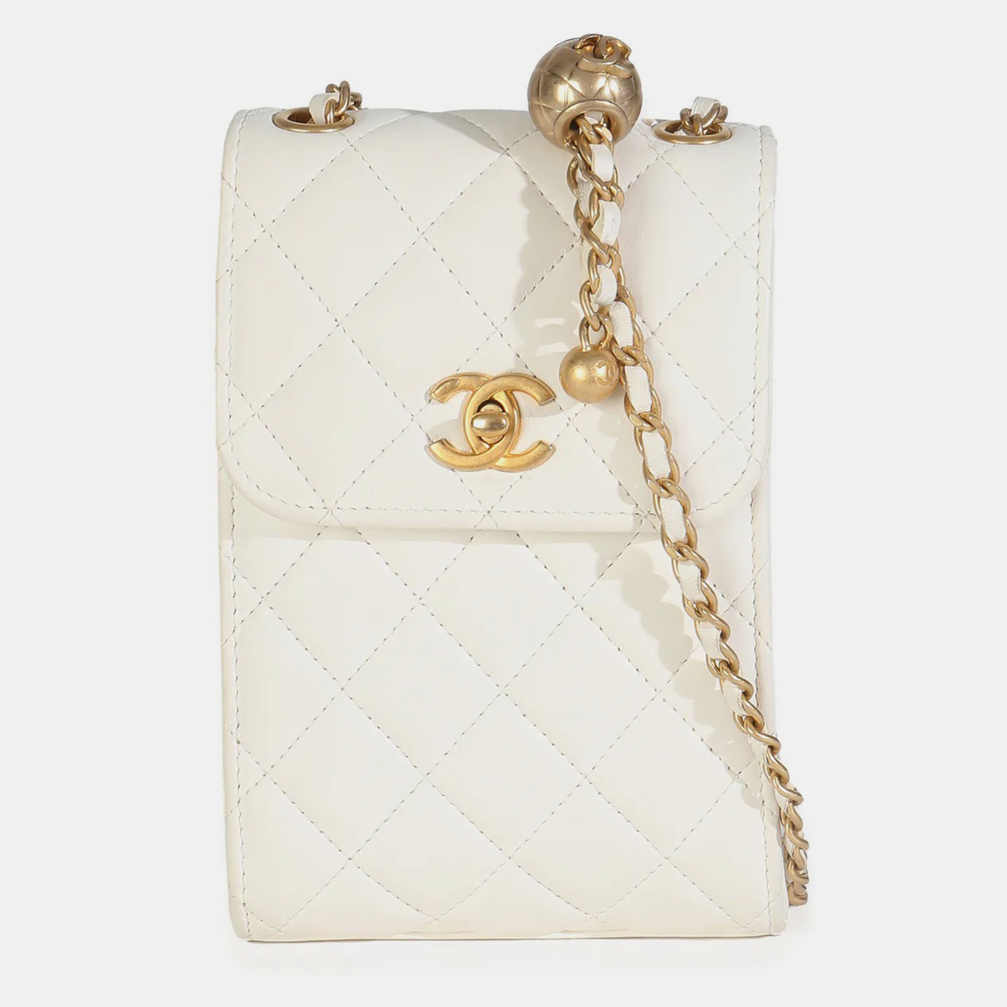 

Chanel White Quilted Lambskin Pearl Crush Phone Holder With Chain