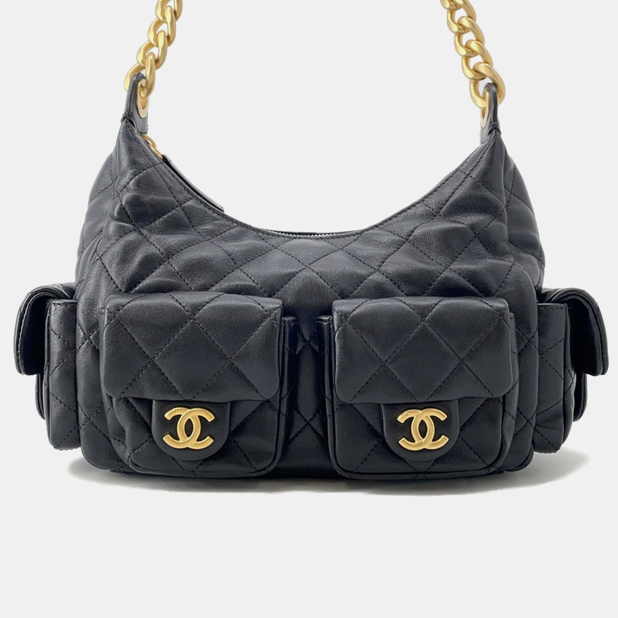 Pre-owned Chanel Maxi Hobo Bag Black Shiny Lambskin