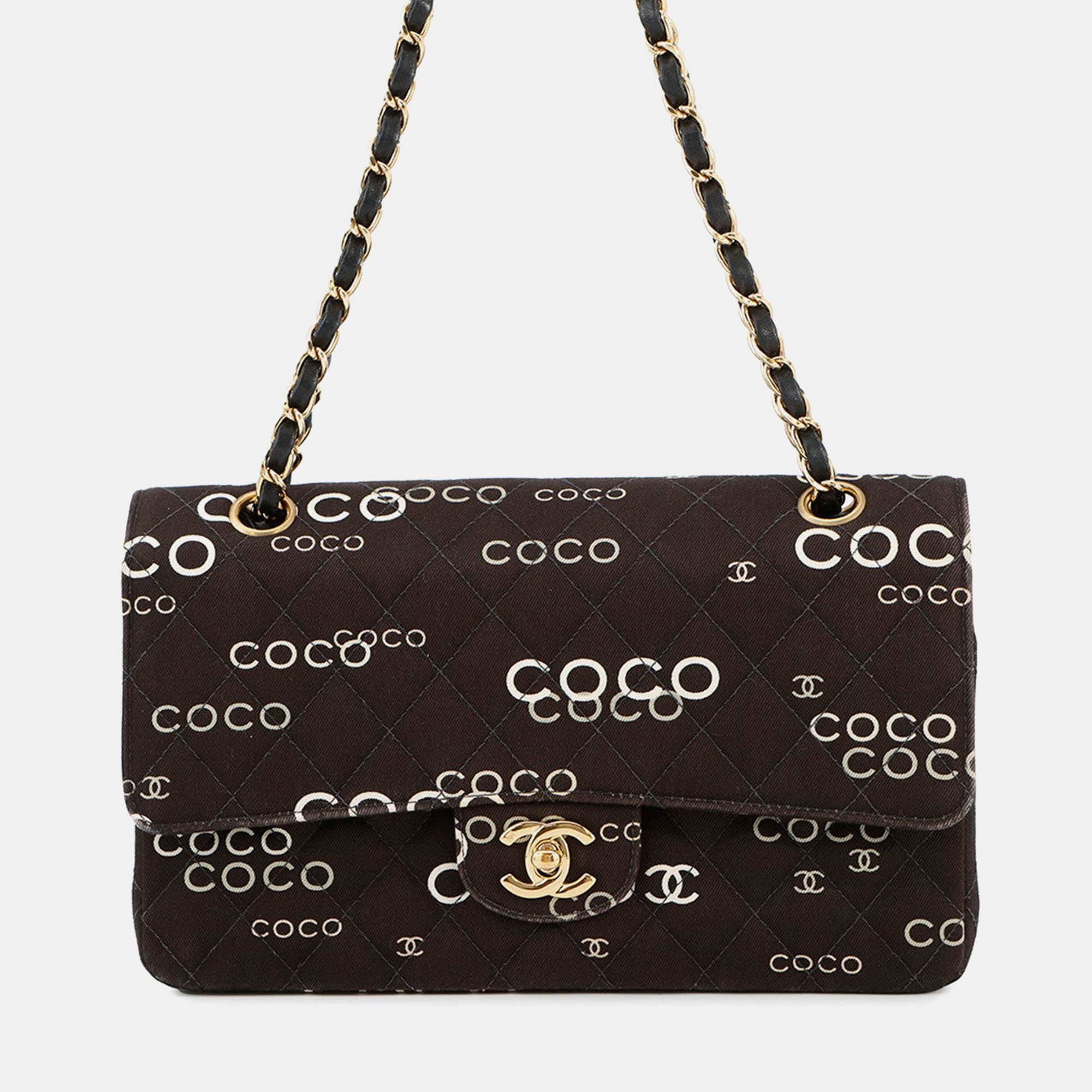 

Chanel Matelasse Double Flap Chain Shoulder Coco Print Black Canvas Size