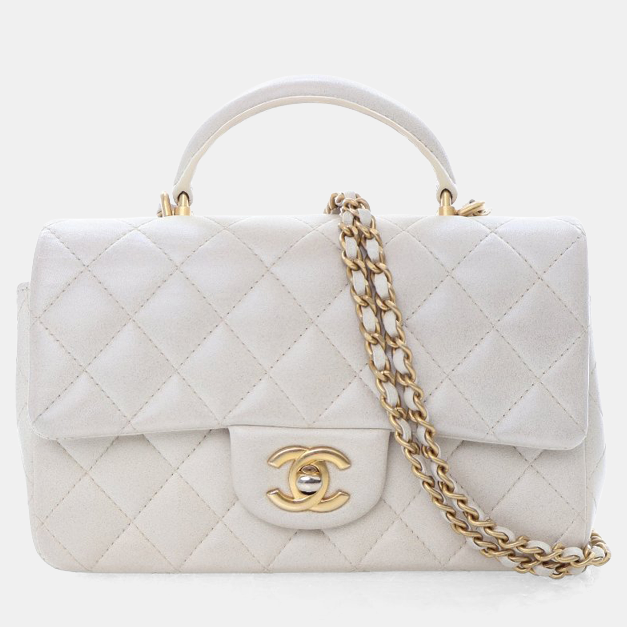 

Chanel Mini Lambskin Rectangular Top Handle Classic Flap Bag, White