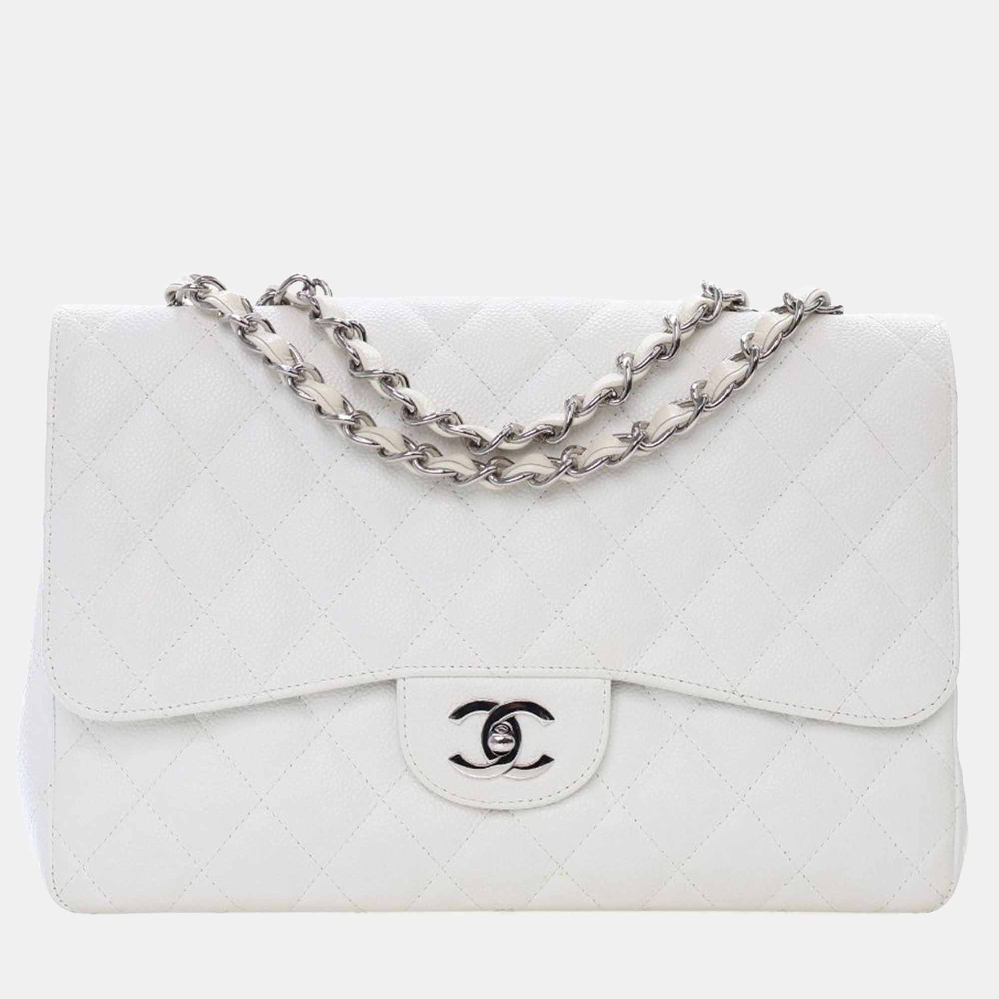

Chanel Jumbo Caviar Classic Single Flap Bag, White