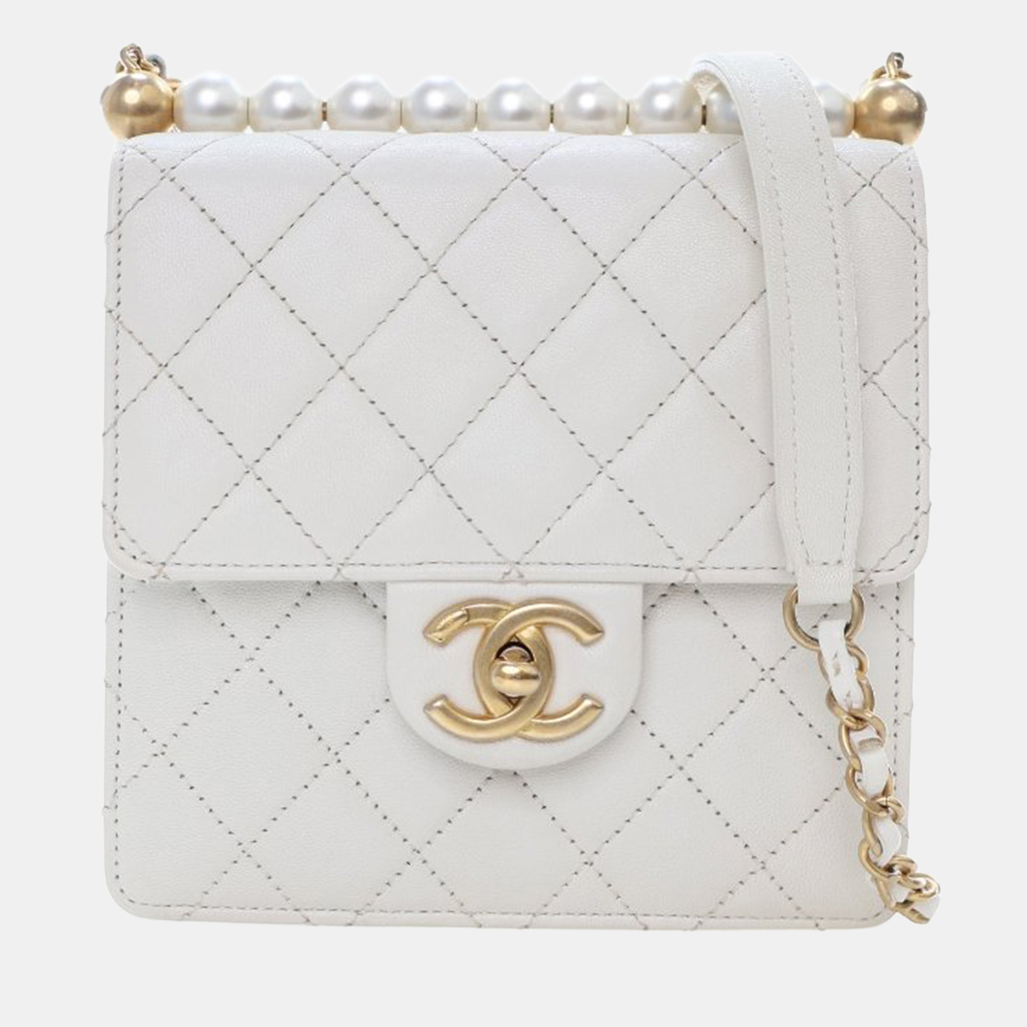 Pre-owned Chanel Small Lamb Chic Pearl Flap Bag In White