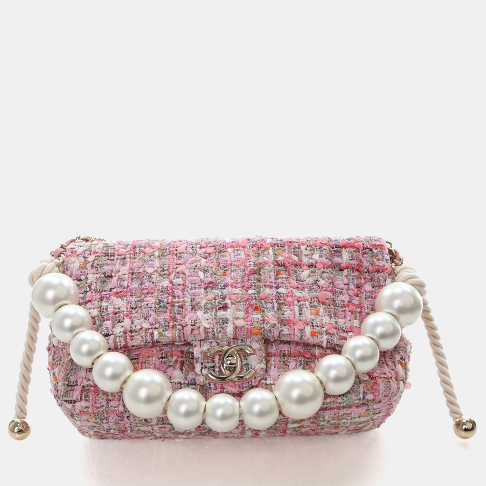 

Chanel Medium Pink Tweed Pearl Handle Flap
