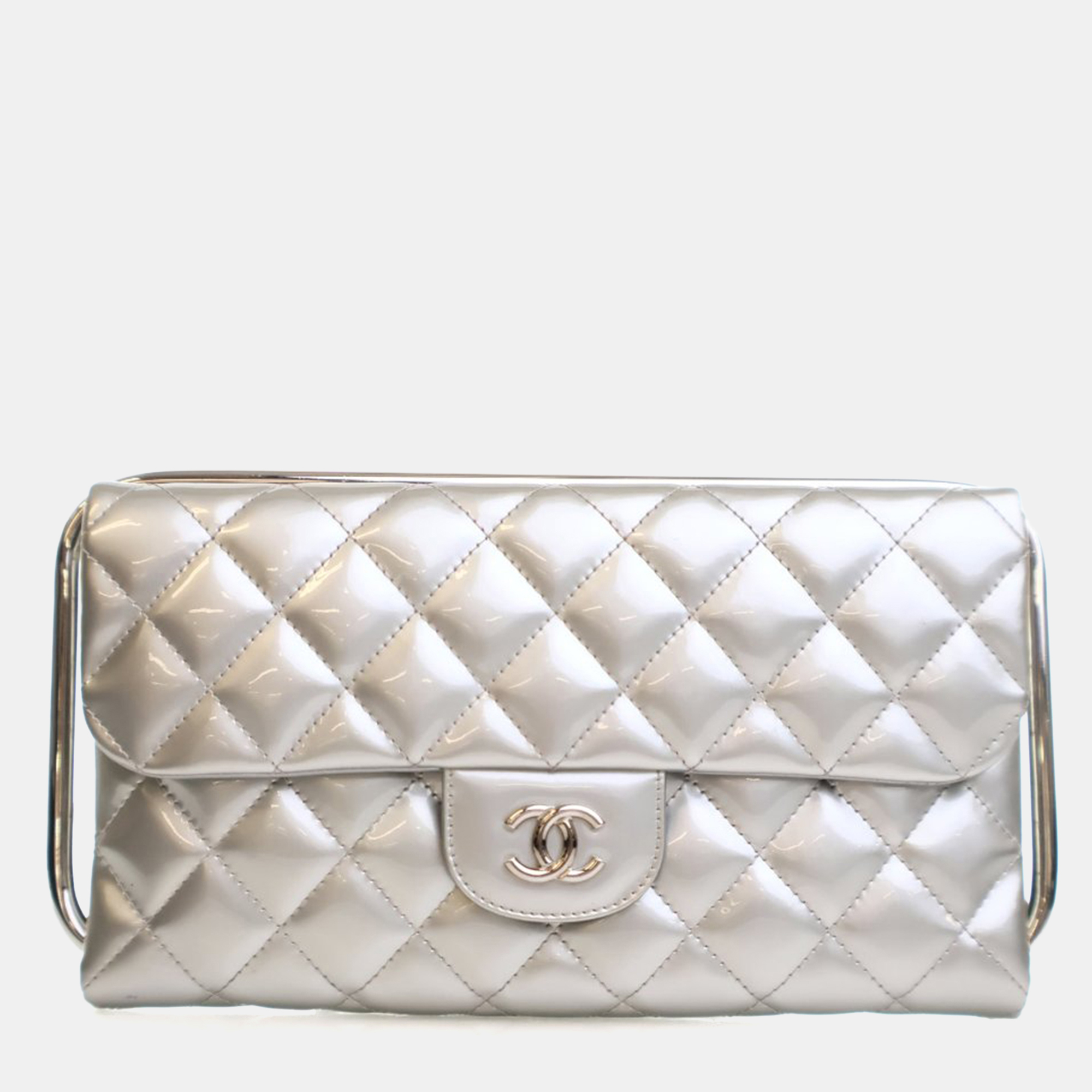 

Chanel Metallic Silver Patent Metal Handle Clutch