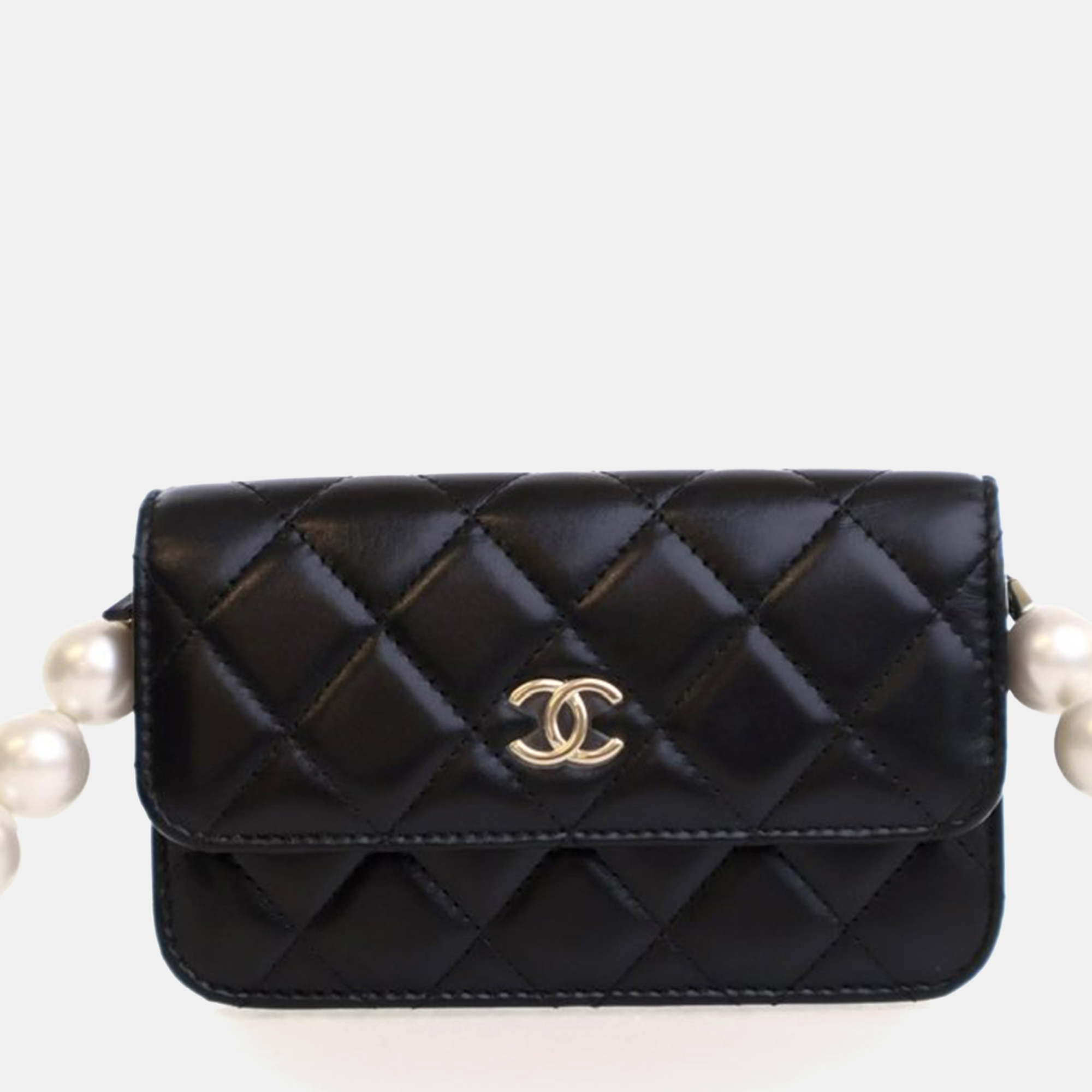 Pre-owned Chanel Mini Black Lambskin Maxi Pearls Clutch On Chain