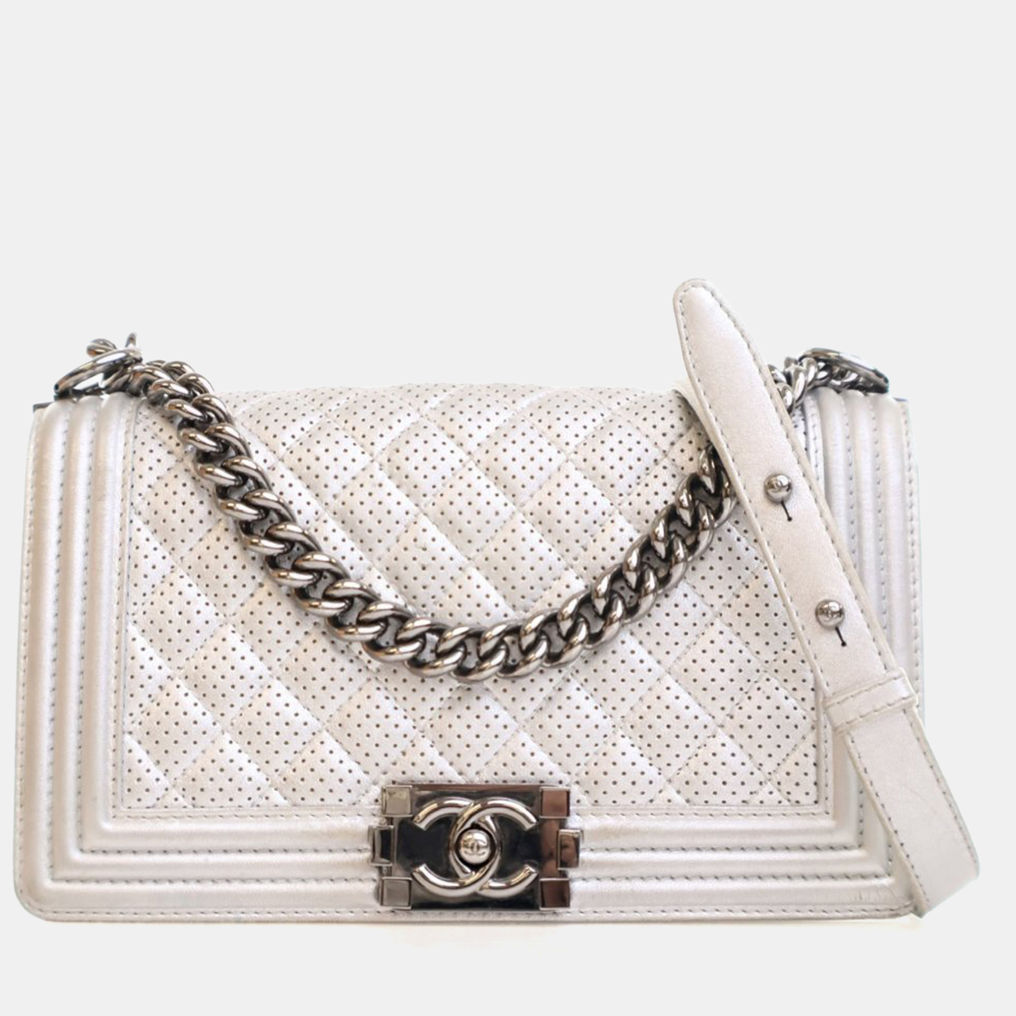 

Chanel Medium Silver Lambskin Perforated Boy Bag
