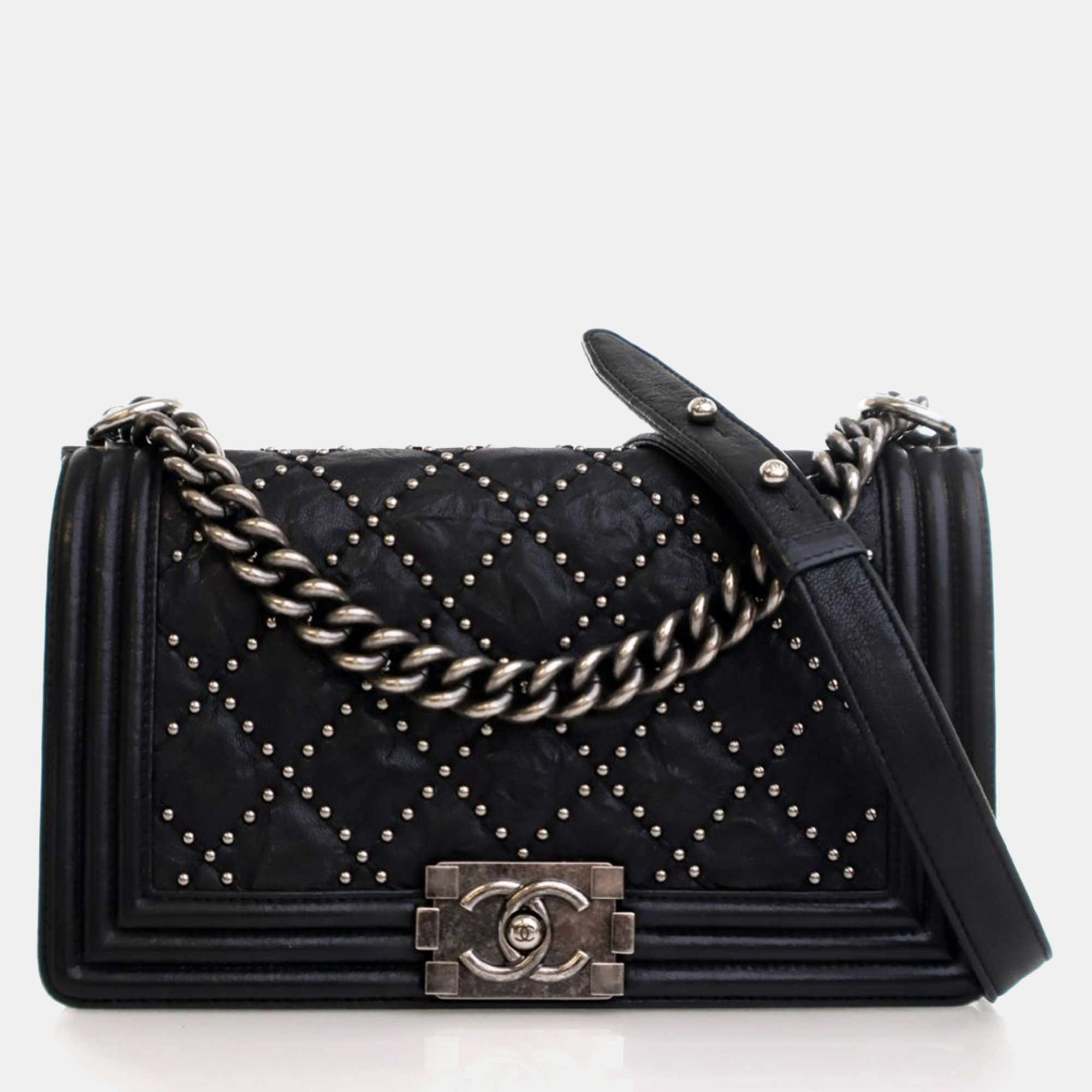 

Chanel Medium Black Crumpled Calfskin Studded Boy Bag