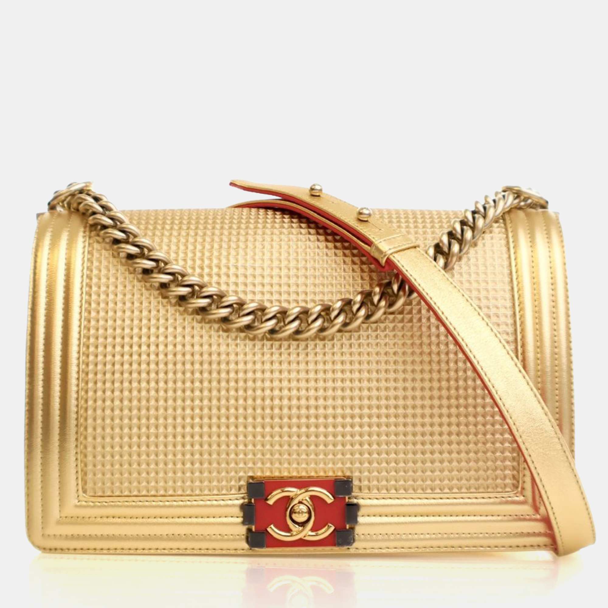 

Chanel Medium Gold Lambskin Embossed Cube Boy Bag