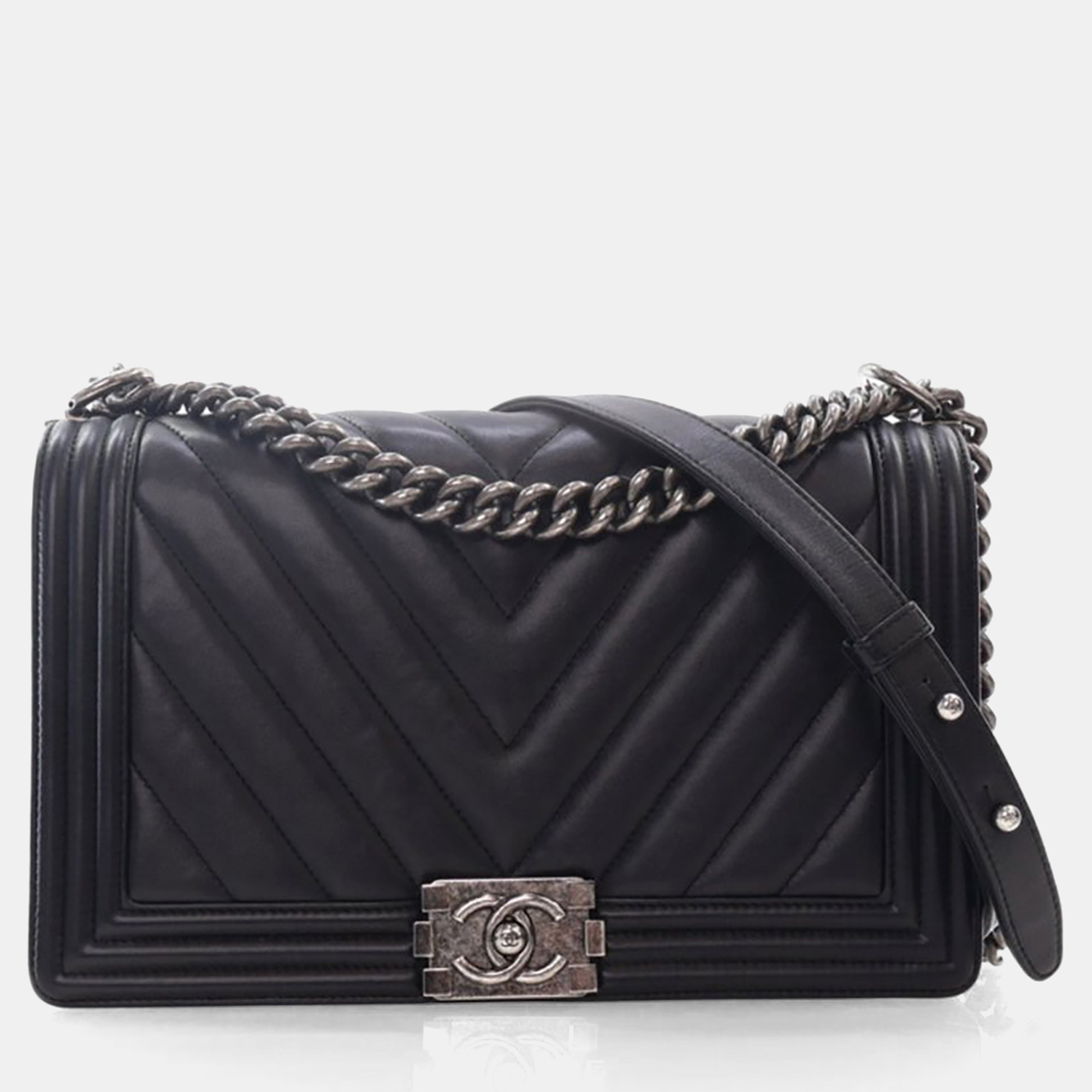 

Chanel Large Chevron Boy Bag, Black