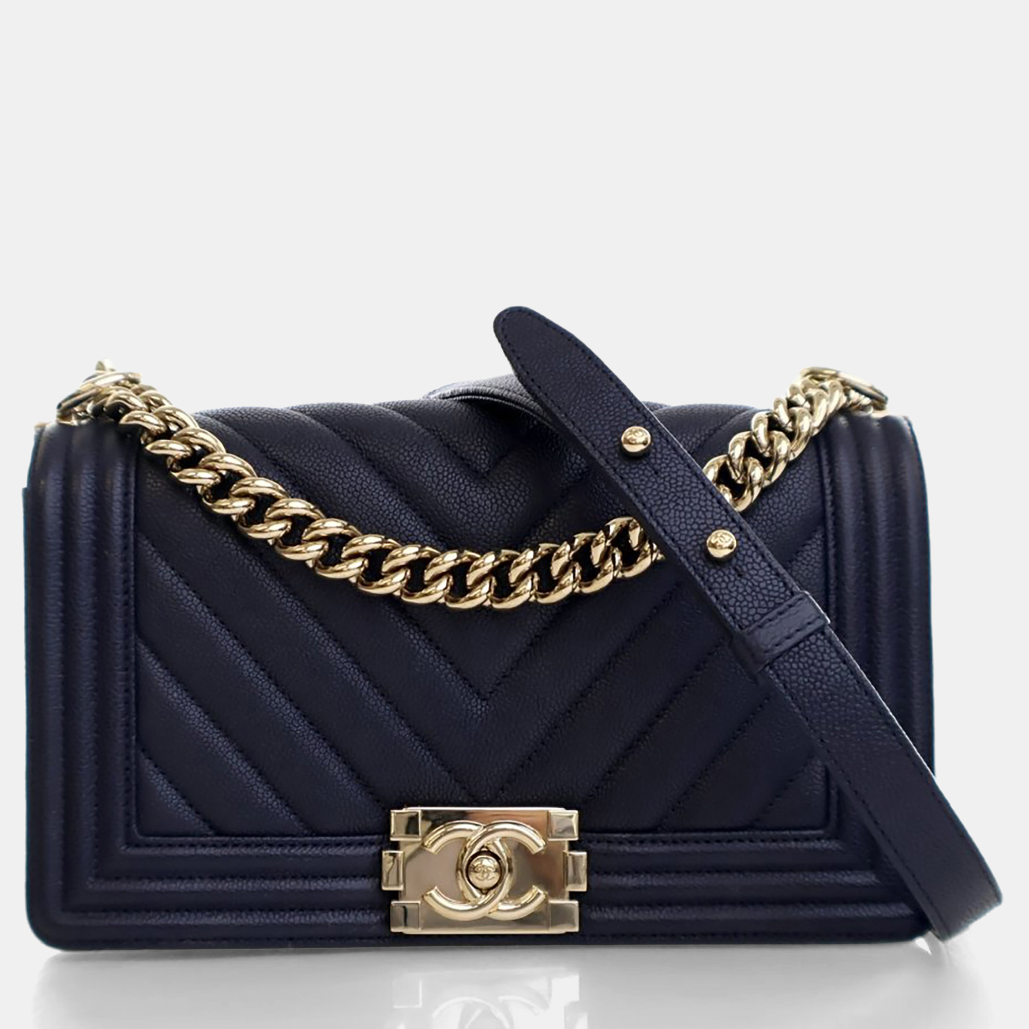 

Chanel Medium Navy Caviar Chevron Boy Bag, Navy blue