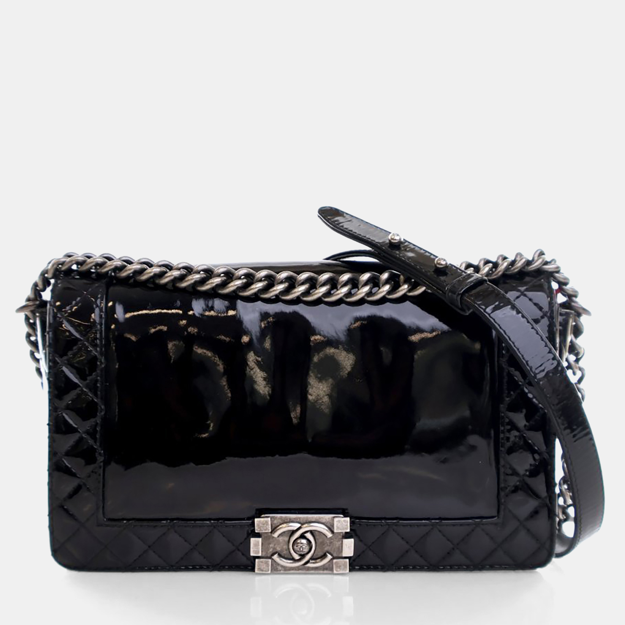 

Chanel Large Patent Reverso Boy Bag, Black