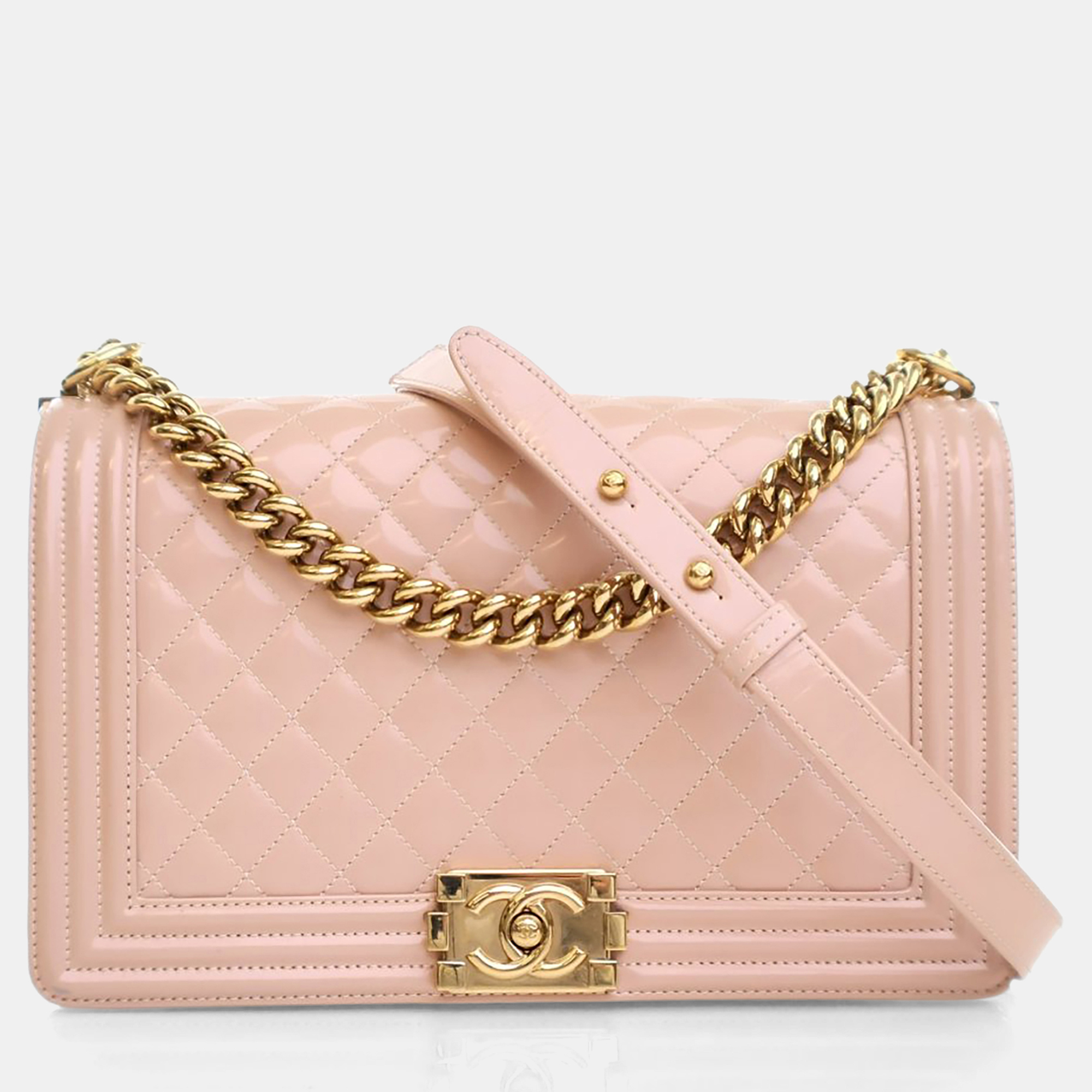 

Chanel Medium Glazed Calfskin Boy Bag, Pink