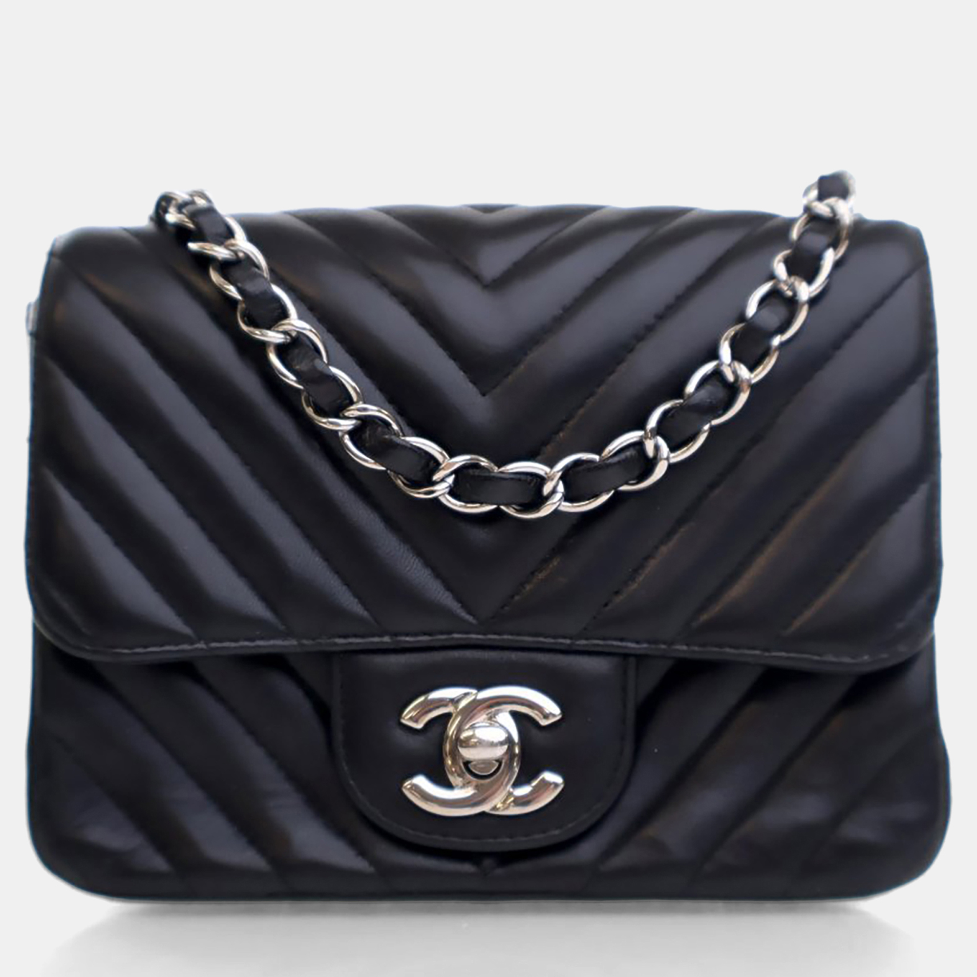

Chanel Mini Black Lambskin Chevron Square Flap Bag