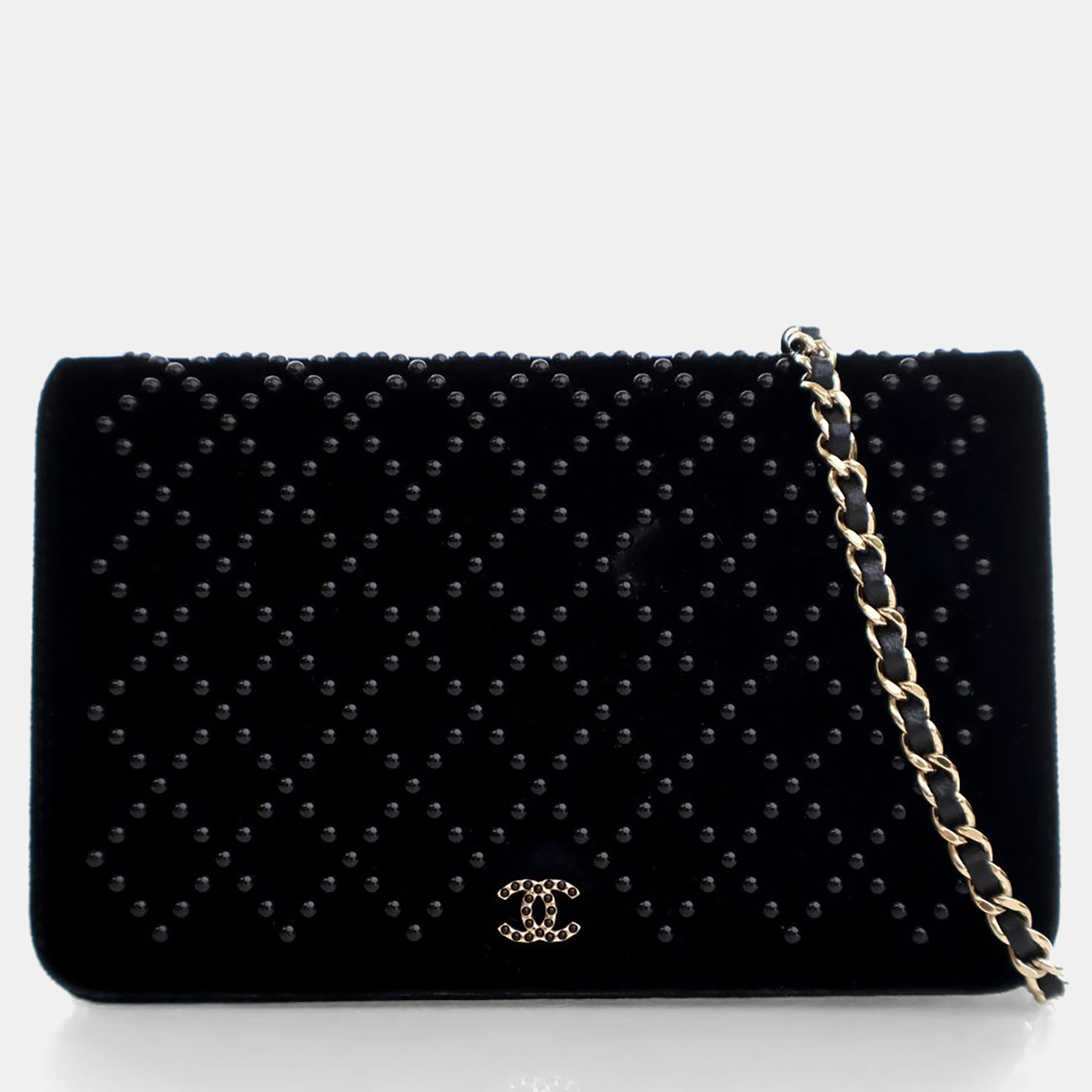 Pre-owned Chanel Velvet Embellished Wallet On Chain (woc) In Black