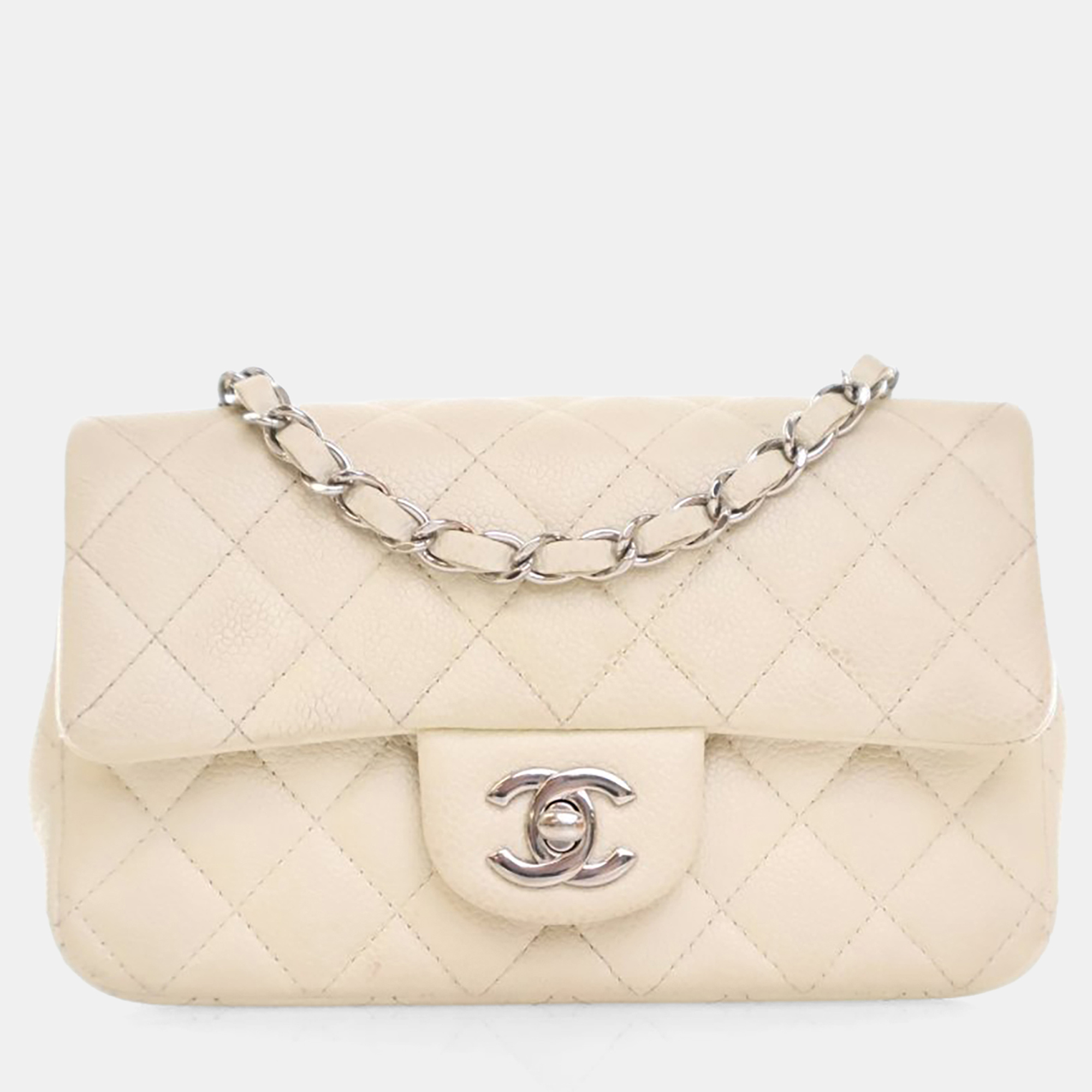 

Chanel Mini Caviar Rectangular Classic Flap Bag, Beige